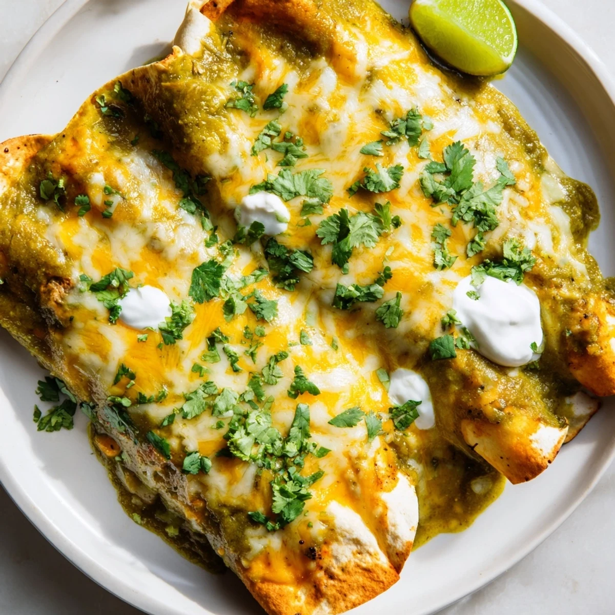 A close-up of Beef Enchiladas with Green Sauce shows melted cheese and fresh cilantro garnish, ready for a hearty Mexican dinner.  