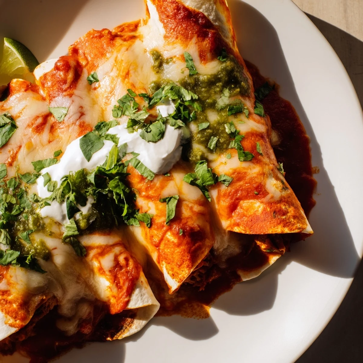 Golden, bubbly Monterey Jack cheese tops layers of beef-filled corn tortillas, smothered in vibrant green enchilada sauce in a baking dish.  