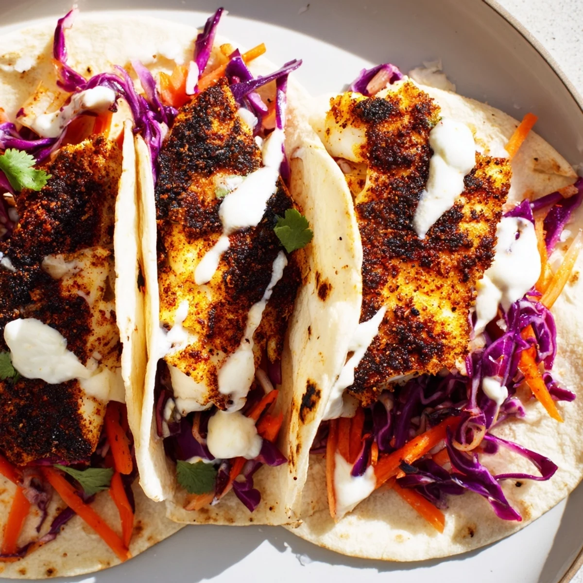 A close-up view of perfectly seared Cajun Blackened Fish Tacos, showcasing the flaky white fish and crisp, colorful cabbage slaw.