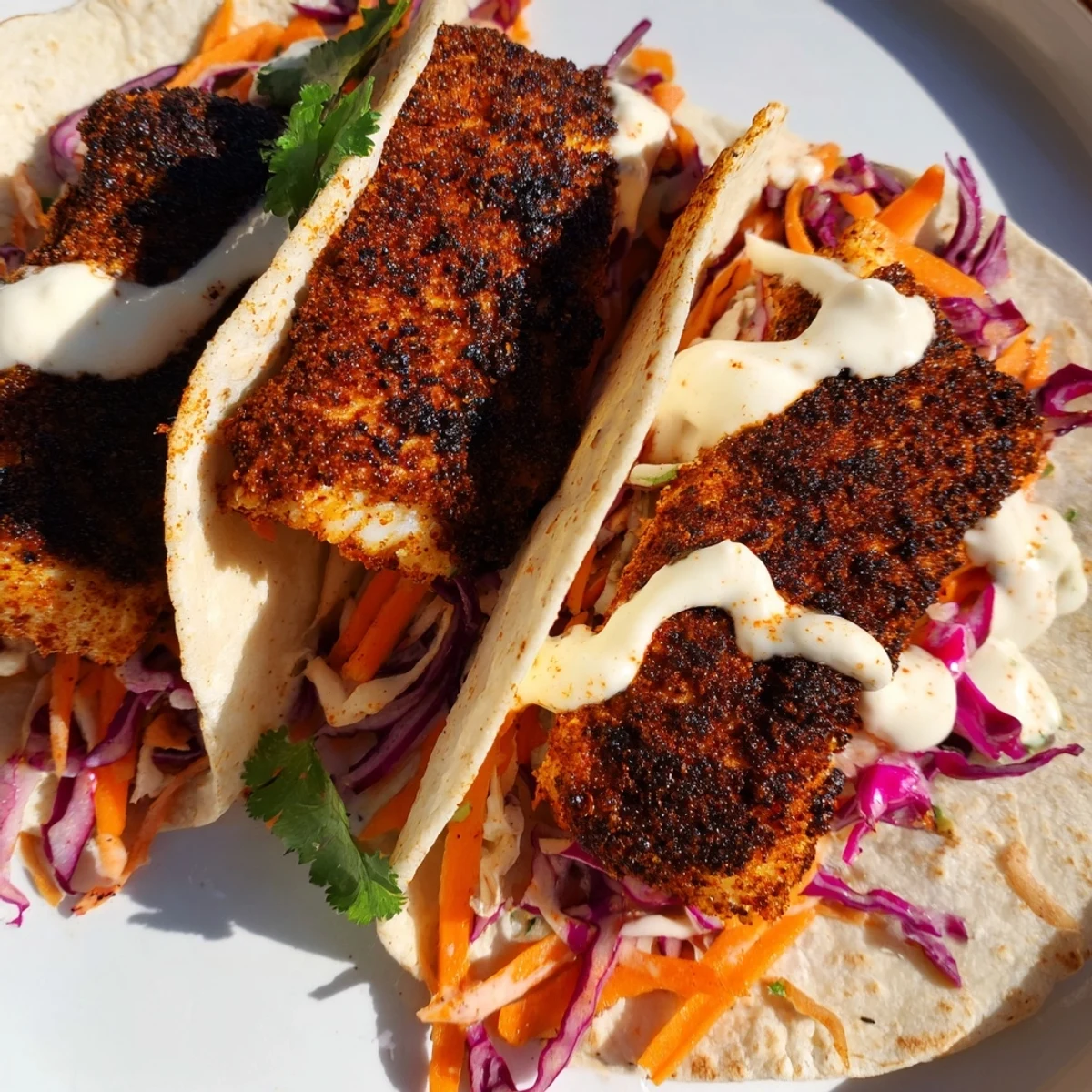 A hand holds a Cajun Blackened Fish Taco with smoky, blackened fish fillets, fresh cilantro, and zesty crema dripping from the side.