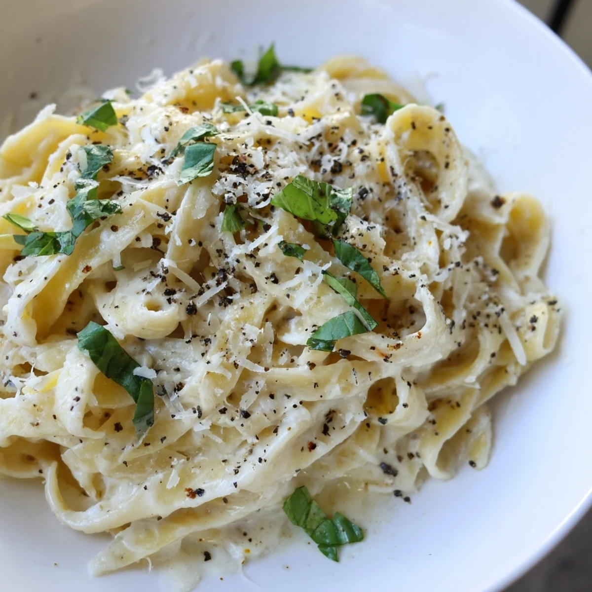 Steaming plate of Creamy Garlic Pasta with Herbs next to a glass of crisp white wine.  