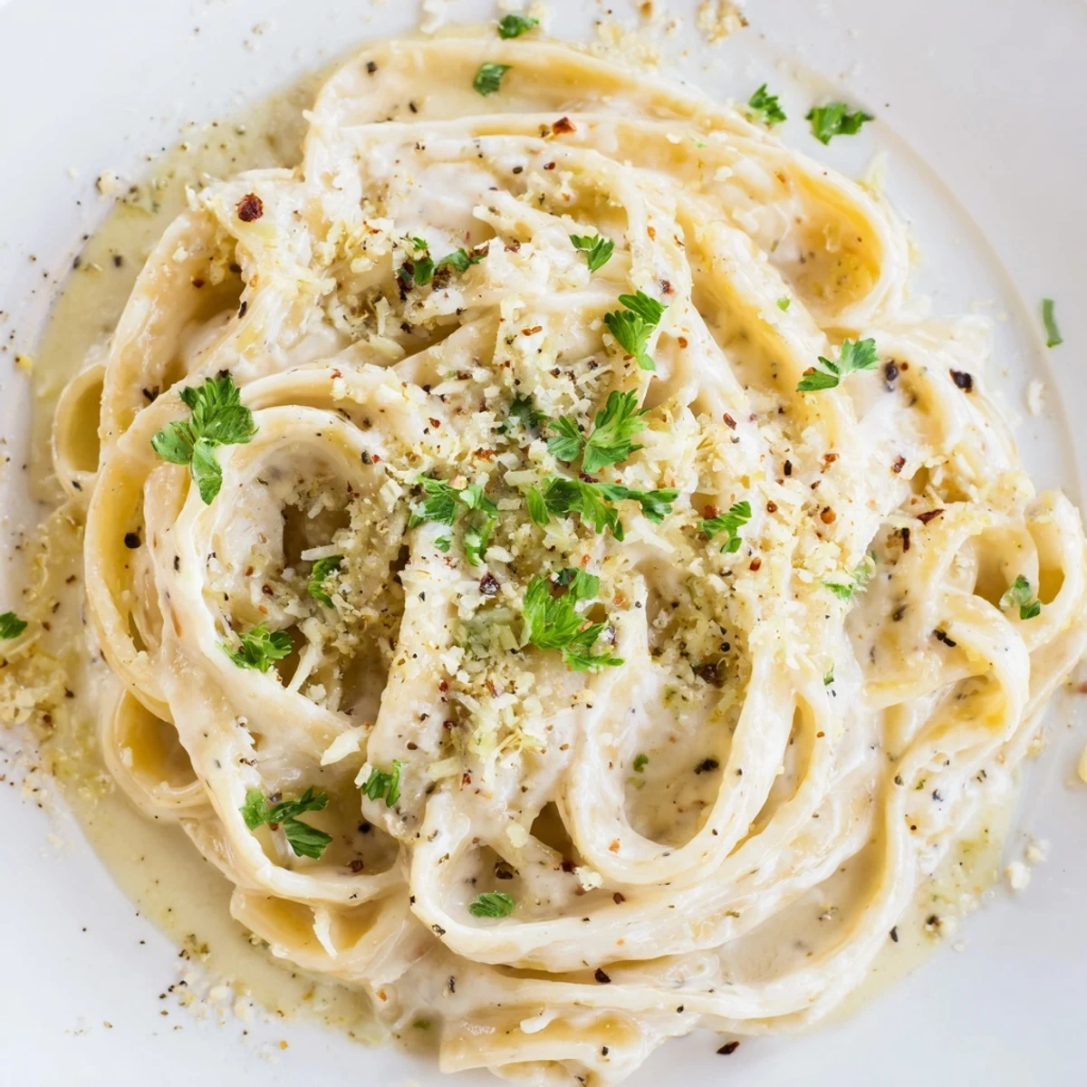 Creamy Garlic Pasta with Herbs is served in a white bowl, garnished with fresh parsley and grated Parmesan.  
