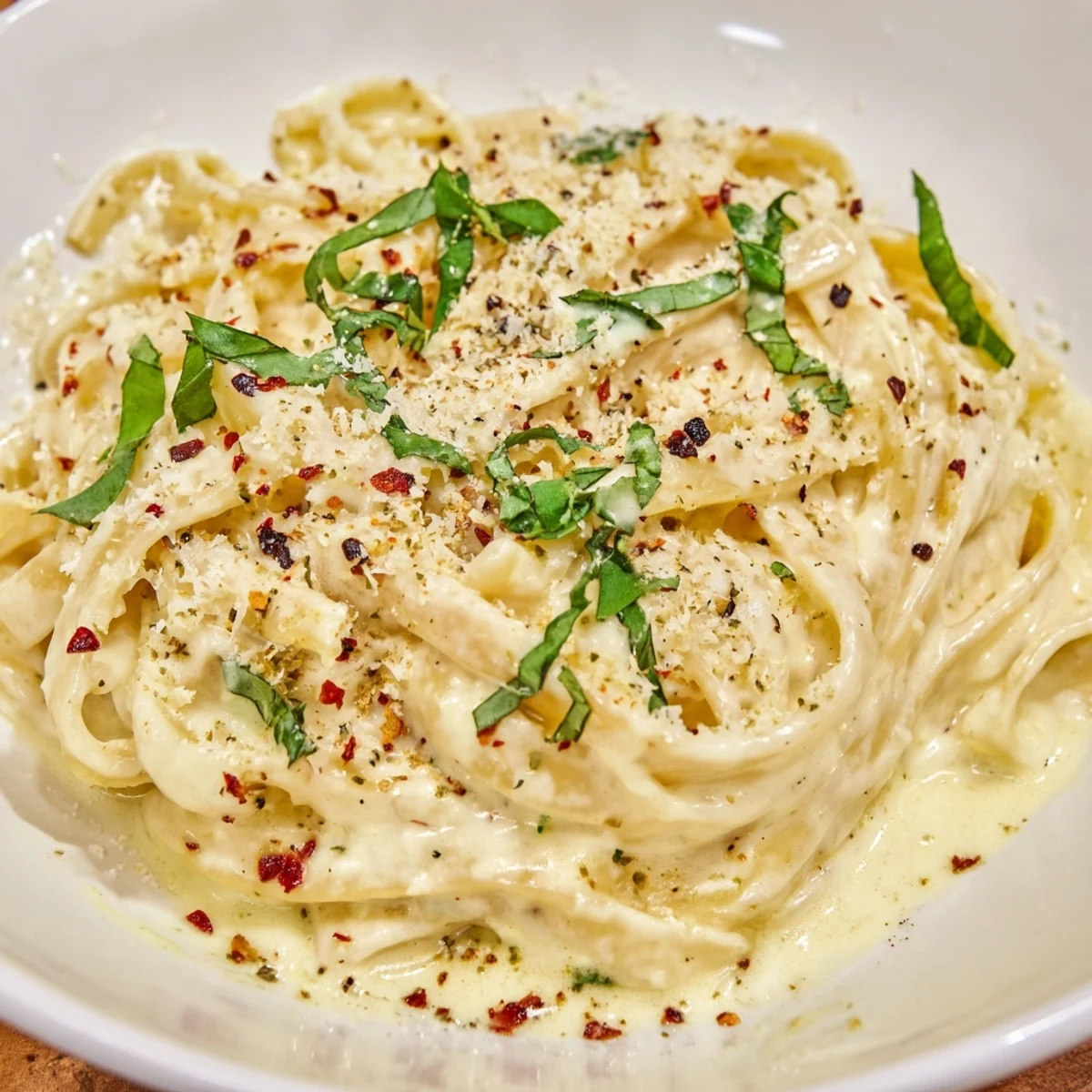 Close-up on Creamy Garlic Pasta with Herbs, twirled on a fork in soft natural light.