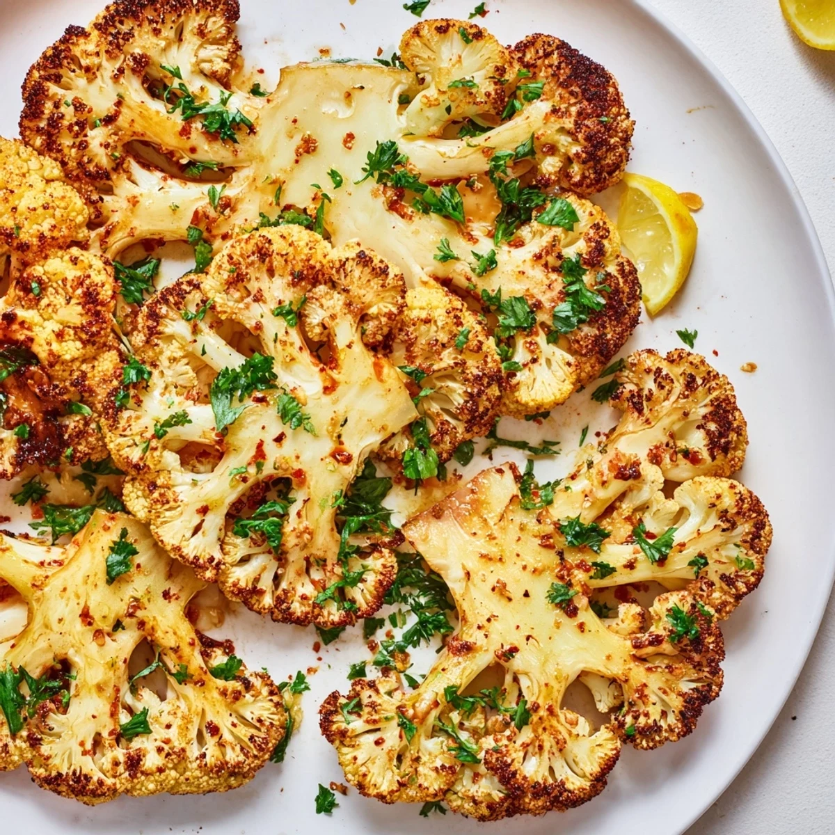 Golden roasted cauliflower steaks seasoned with smoked paprika, resting on a baking sheet next to fresh lemon wedges.