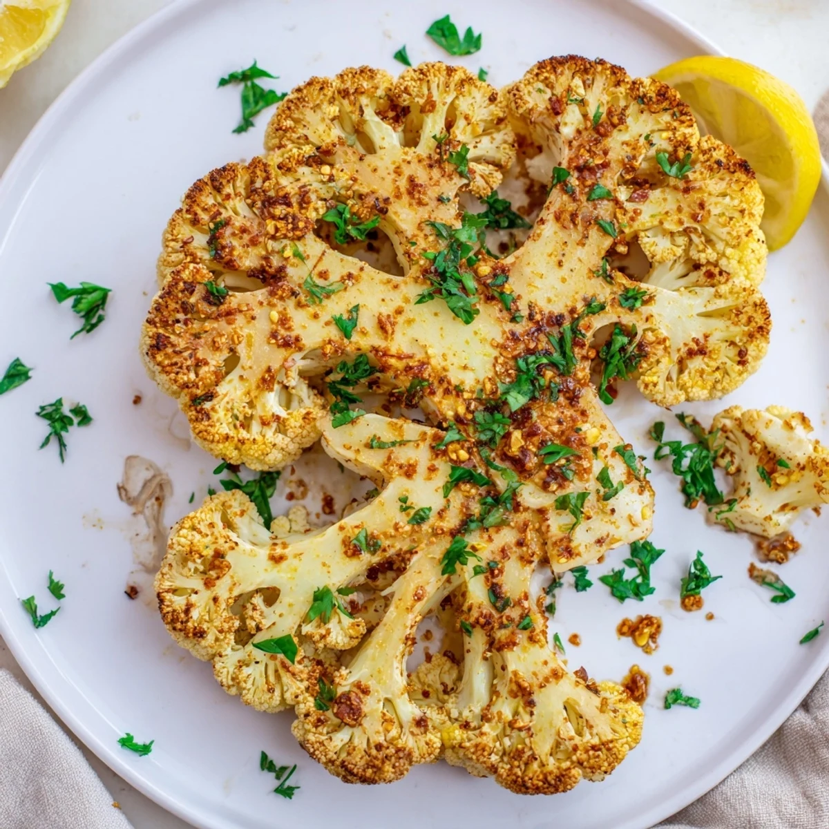 Thick-cut roasted cauliflower steaks, brushed with spiced oil and garnished with parsley for a savory vegan dinner.