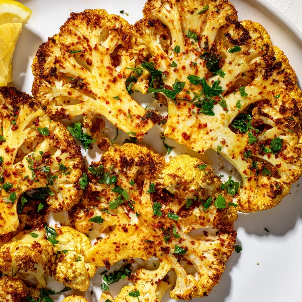 Oven-roasted cauliflower steaks served over quinoa, drizzled with tahini and fresh lemon for a hearty vegetarian meal.