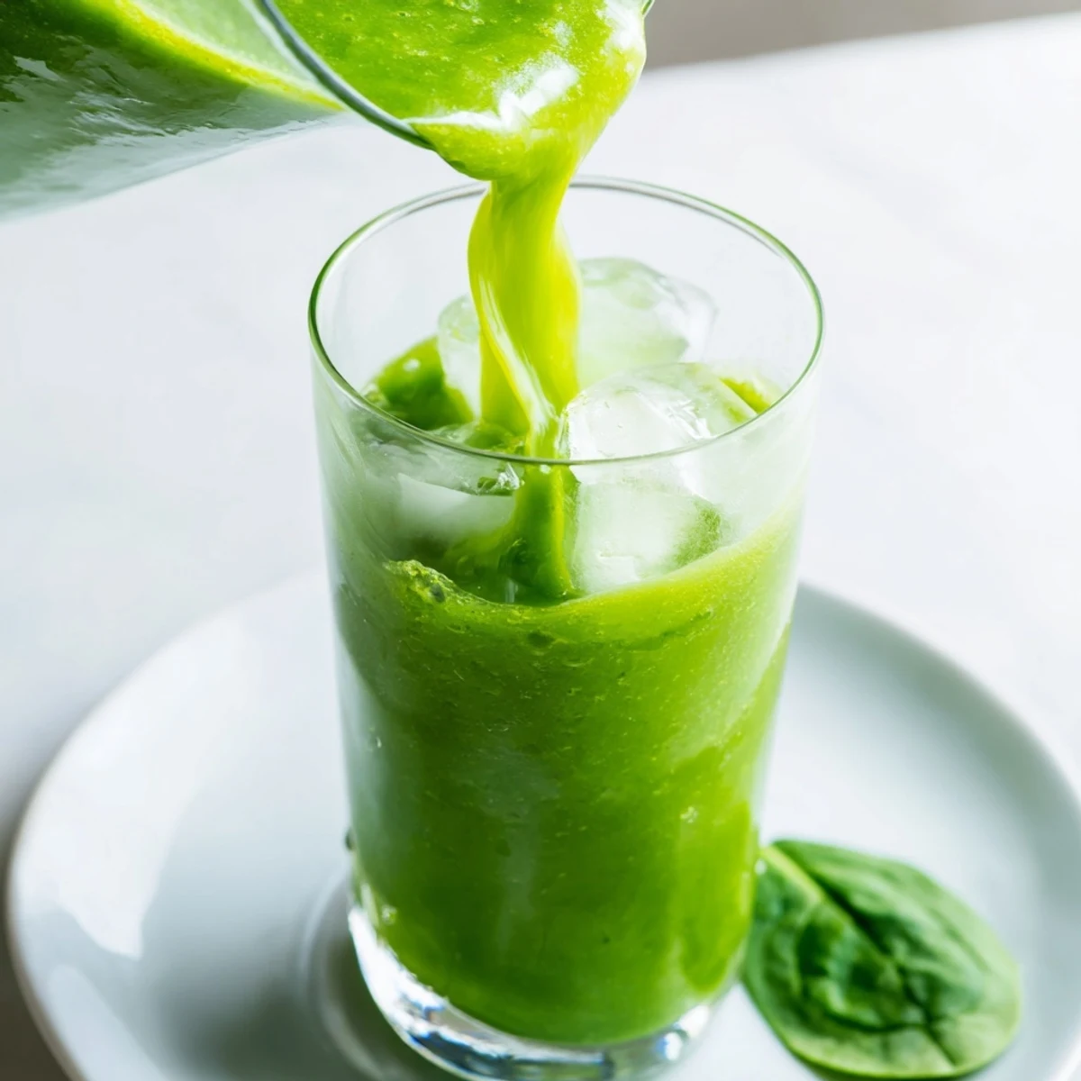 The finished Green Smoothie with Spinach and Apple is poured into a glass, garnished with a lemon wedge and a spinach leaf.