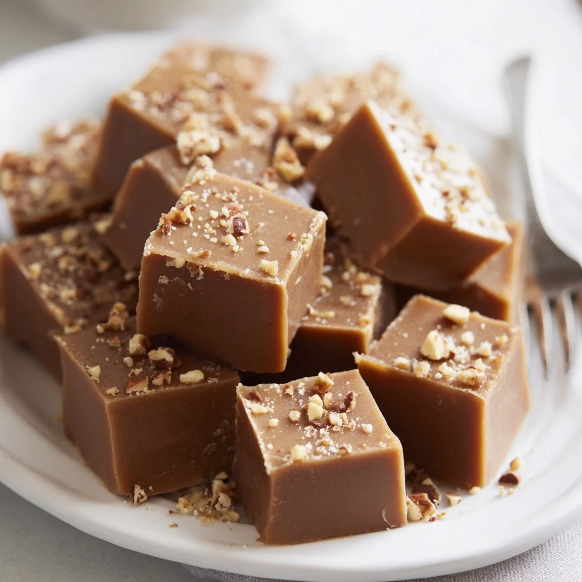 Frosted Irish Cream Fudge squares rest on parchment, their creamy white surface dotted with coffee granules, ready to slice for a decadent treat.