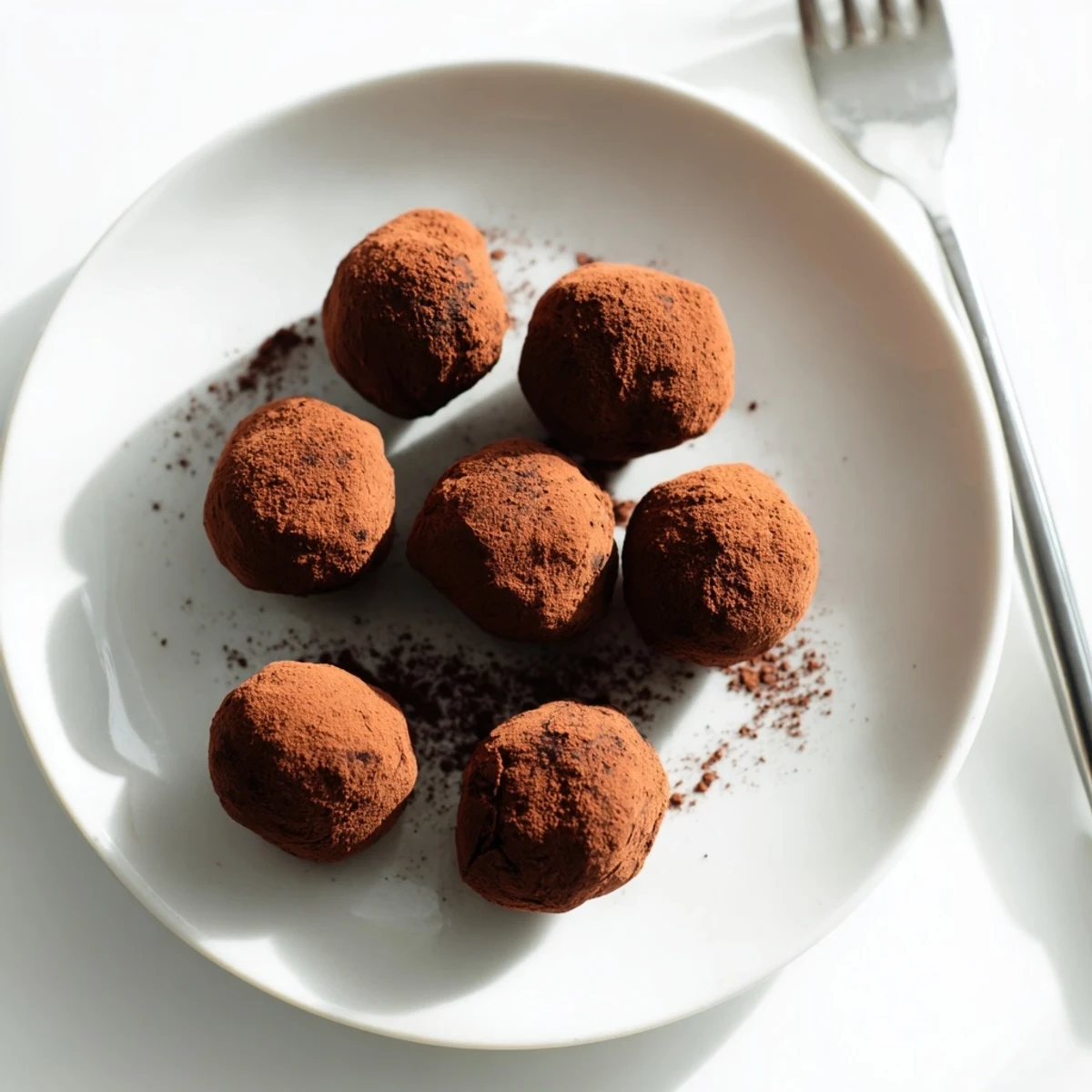 Decadent chocolate truffles with cocoa powder lie on a marble surface, showcasing their rich, dark texture and fine dusting for an elegant dessert presentation.  