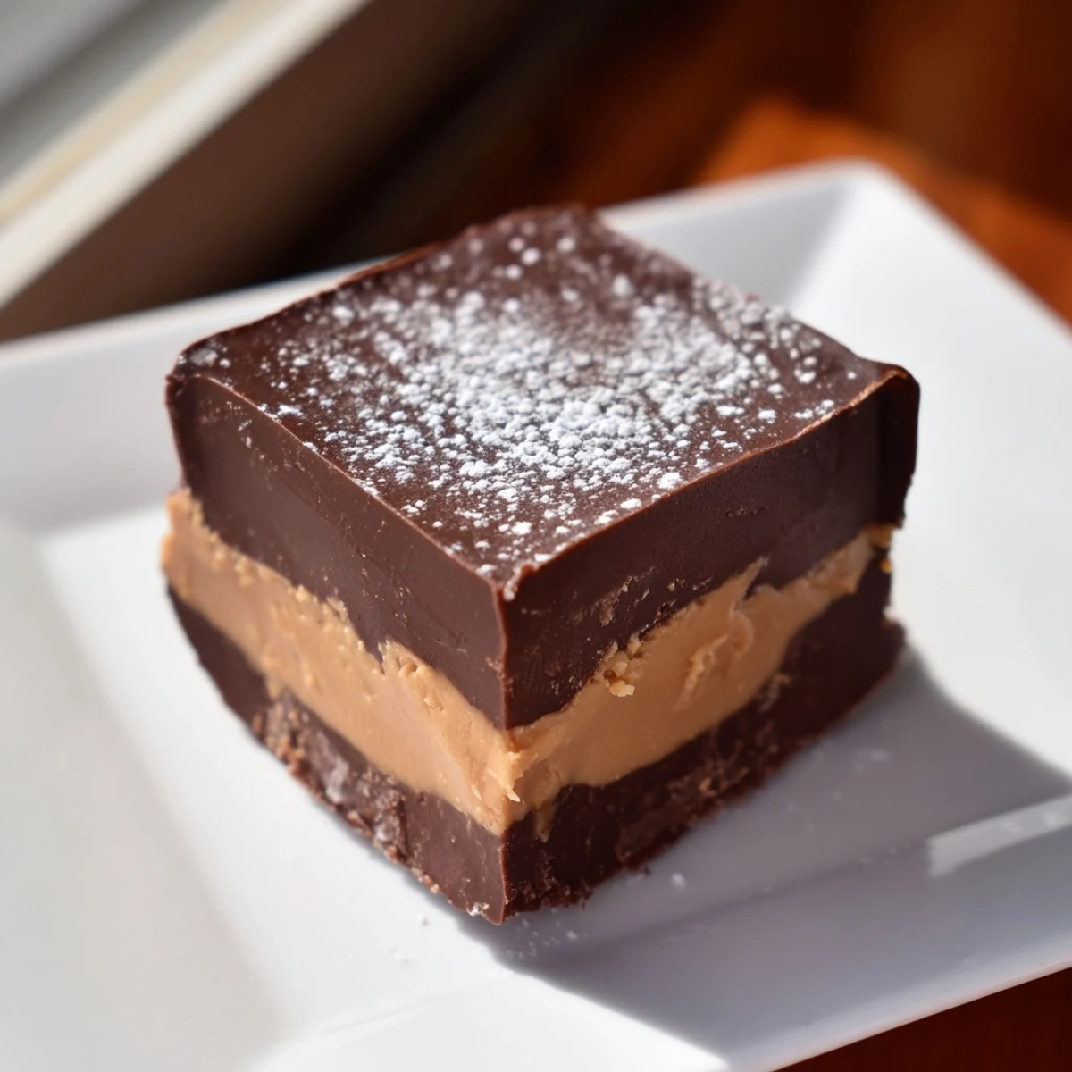 Thick slices of Chocolate Peanut Butter Fudge sit on a rustic wooden board, showcasing layered texture.