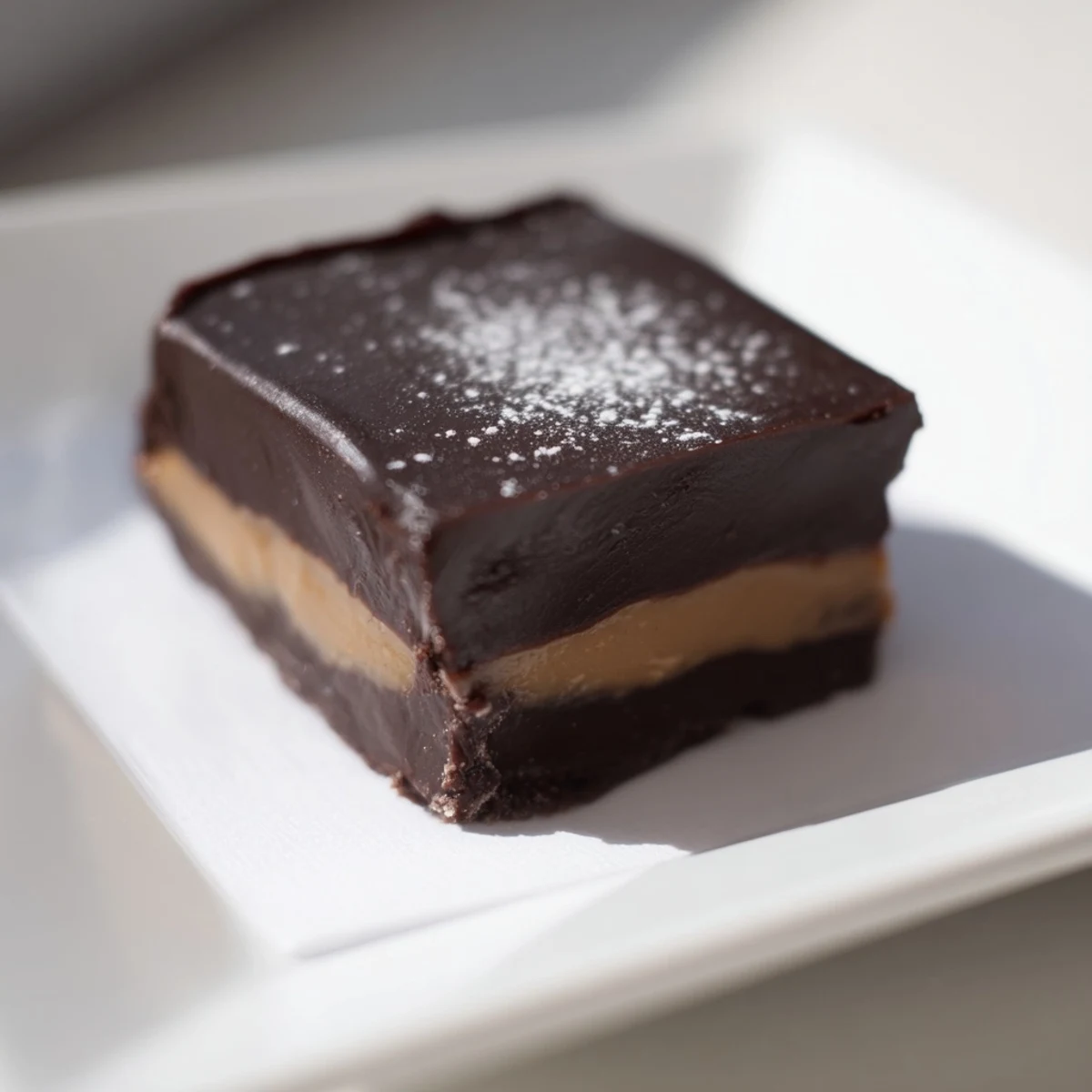A close-up view of Chocolate Peanut Butter Fudge squares stacked on a white ceramic plate, ready to eat.