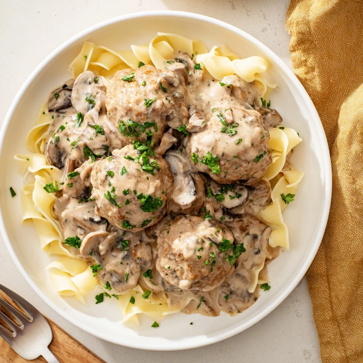 Golden-brown turkey meatballs in creamy mushroom stroganoff over tender egg noodles, garnished with fresh parsley.