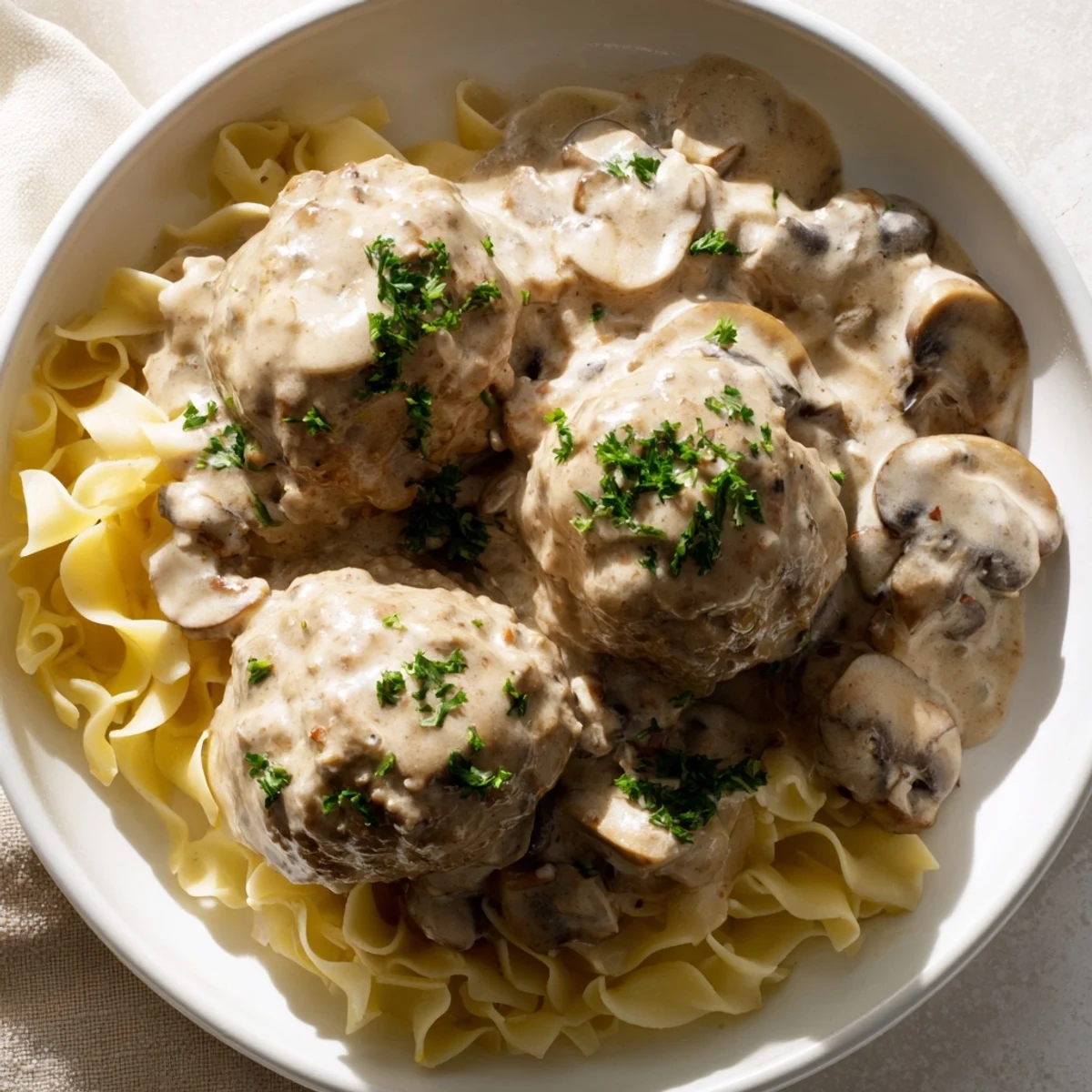 Hearty turkey meatball stroganoff served steaming hot over buttery egg noodles, ready for a family dinner.