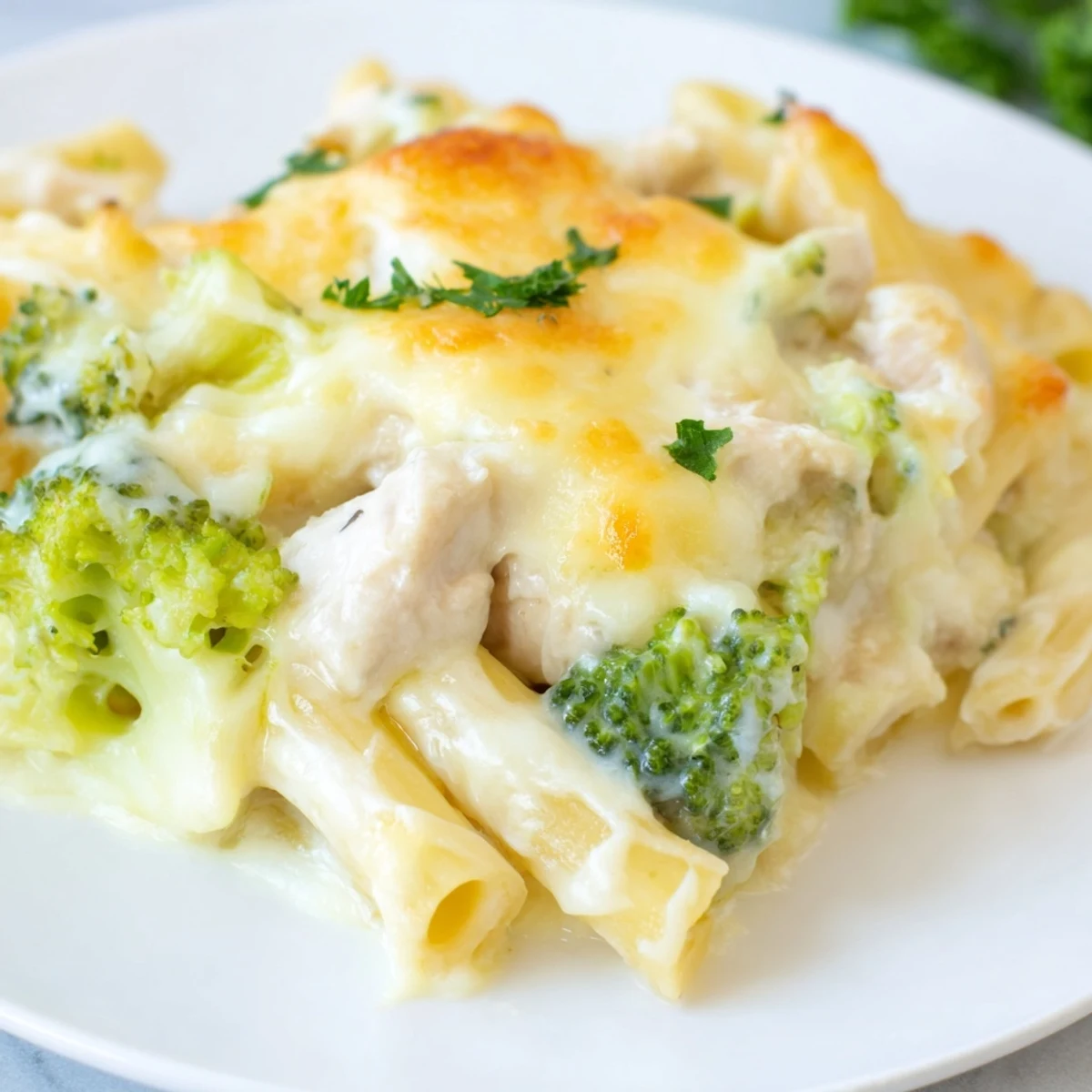 A close-up of the Chicken Alfredo Bake with Broccoli, featuring bubbling golden cheese and green broccoli florets on a rustic plate.