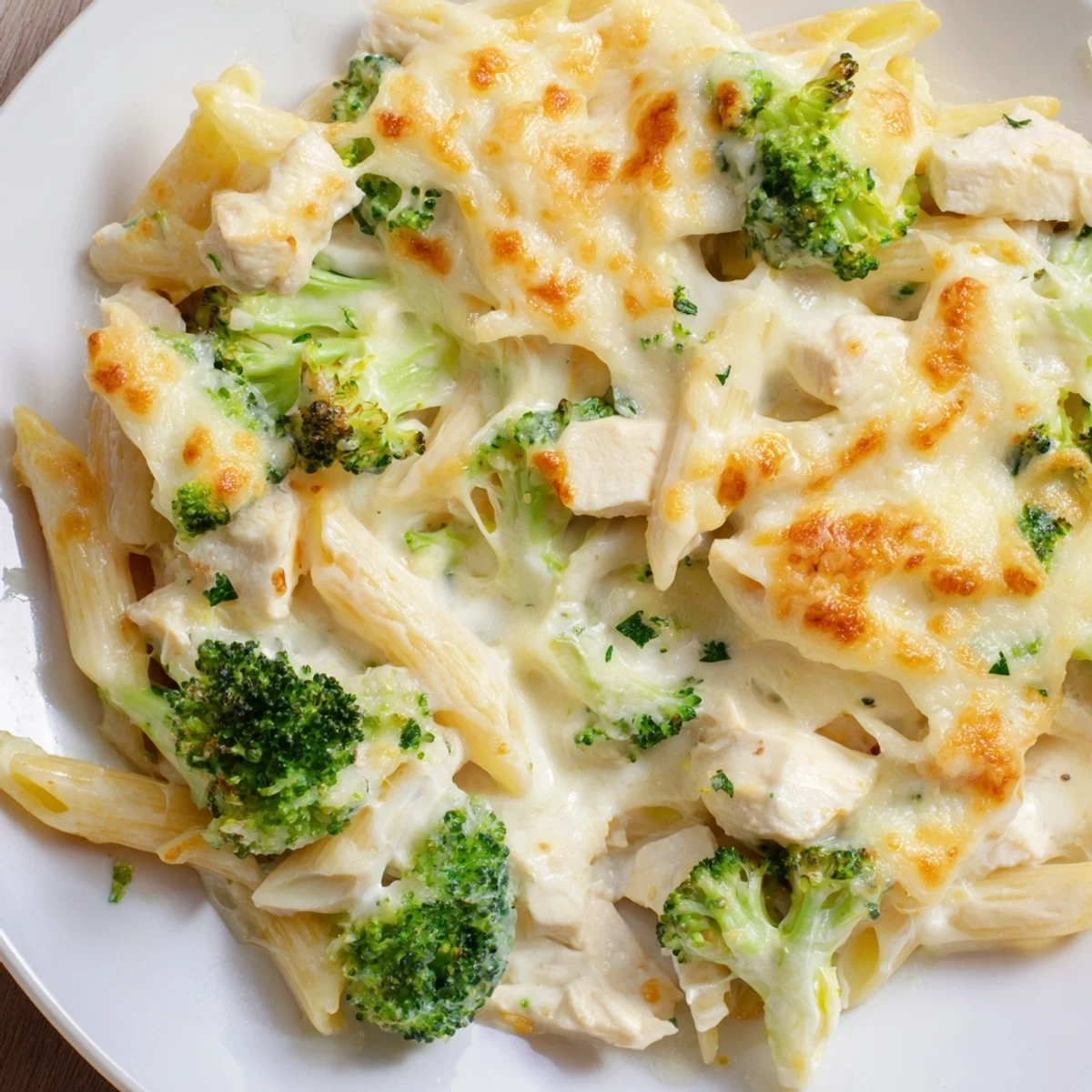 Freshly baked Chicken Alfredo Bake with Broccoli in a white casserole dish, garnished with parsley and ready to serve with salad.