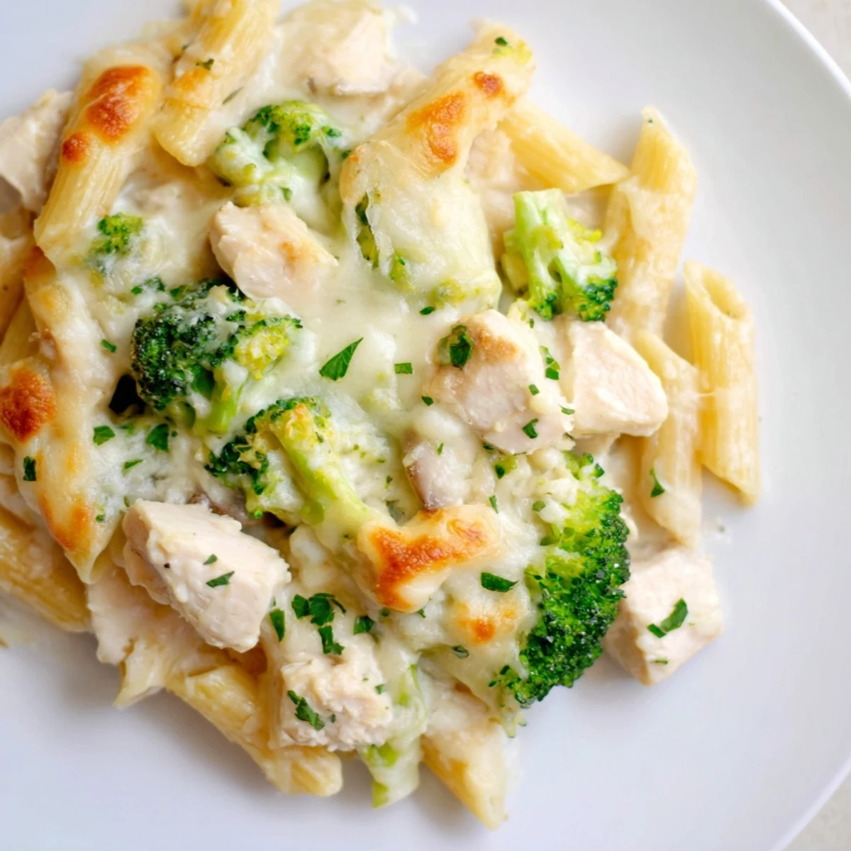 Golden-brown, creamy Chicken Alfredo Bake with Broccoli and pasta, served hot from the oven with melted cheese pulling on top.