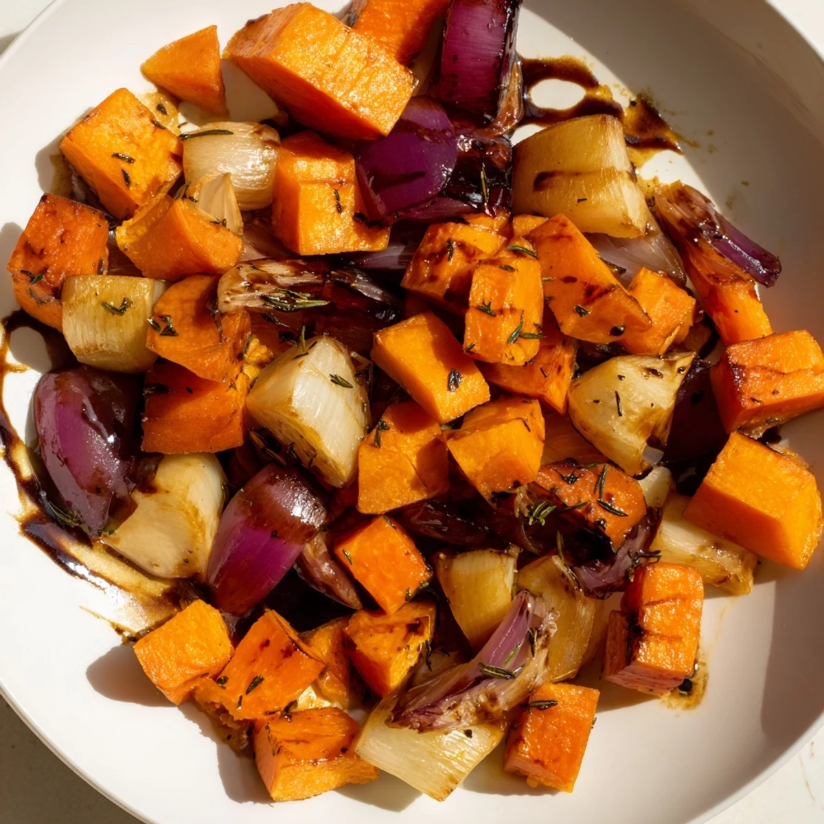 Golden roasted carrots, parsnips, and sweet potatoes glistening with balsamic glaze on a rustic platter.