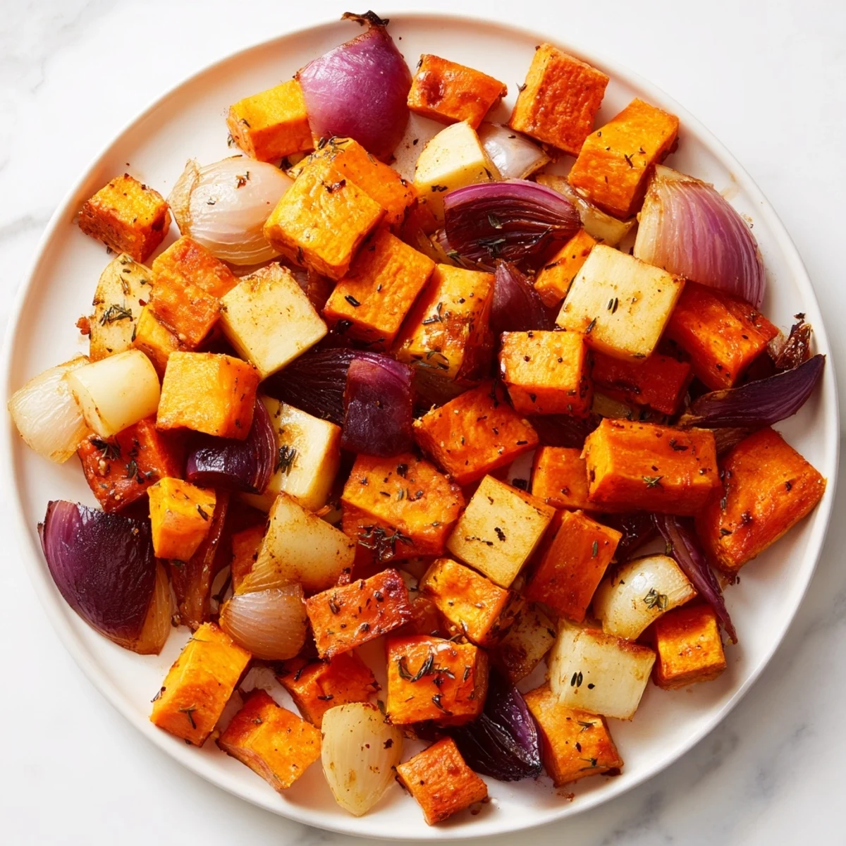Roasted Root Vegetables with Balsamic features caramelized onions and herbs, perfect for a cozy autumn dinner.