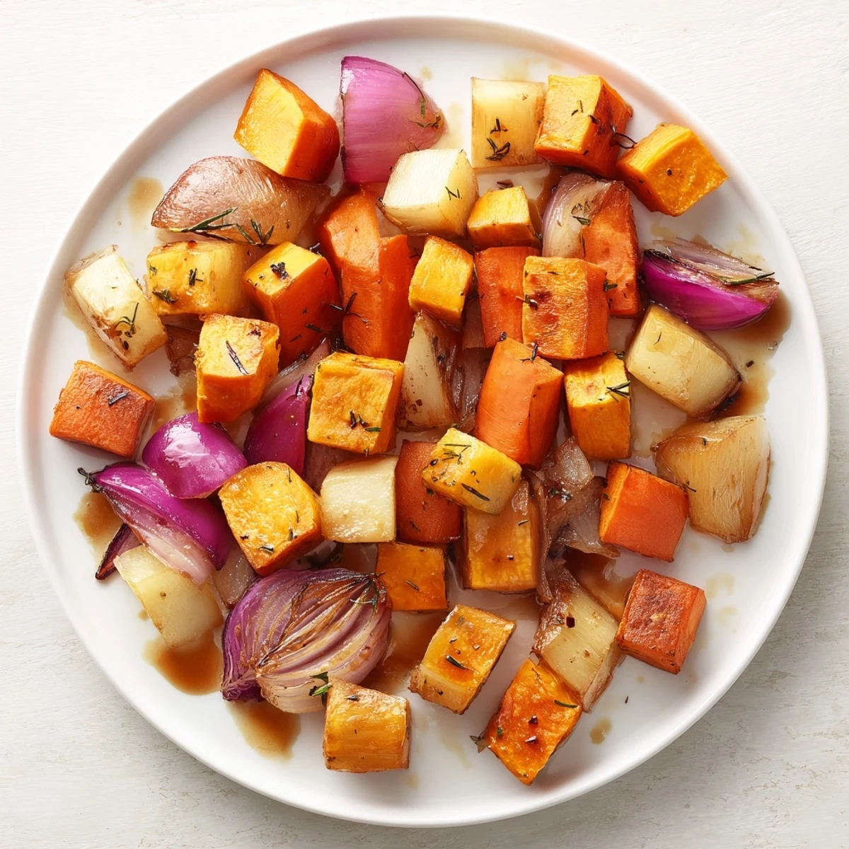 Tender Root Vegetables with Balsamic, garnished with fresh parsley, served warm as a healthy side dish.