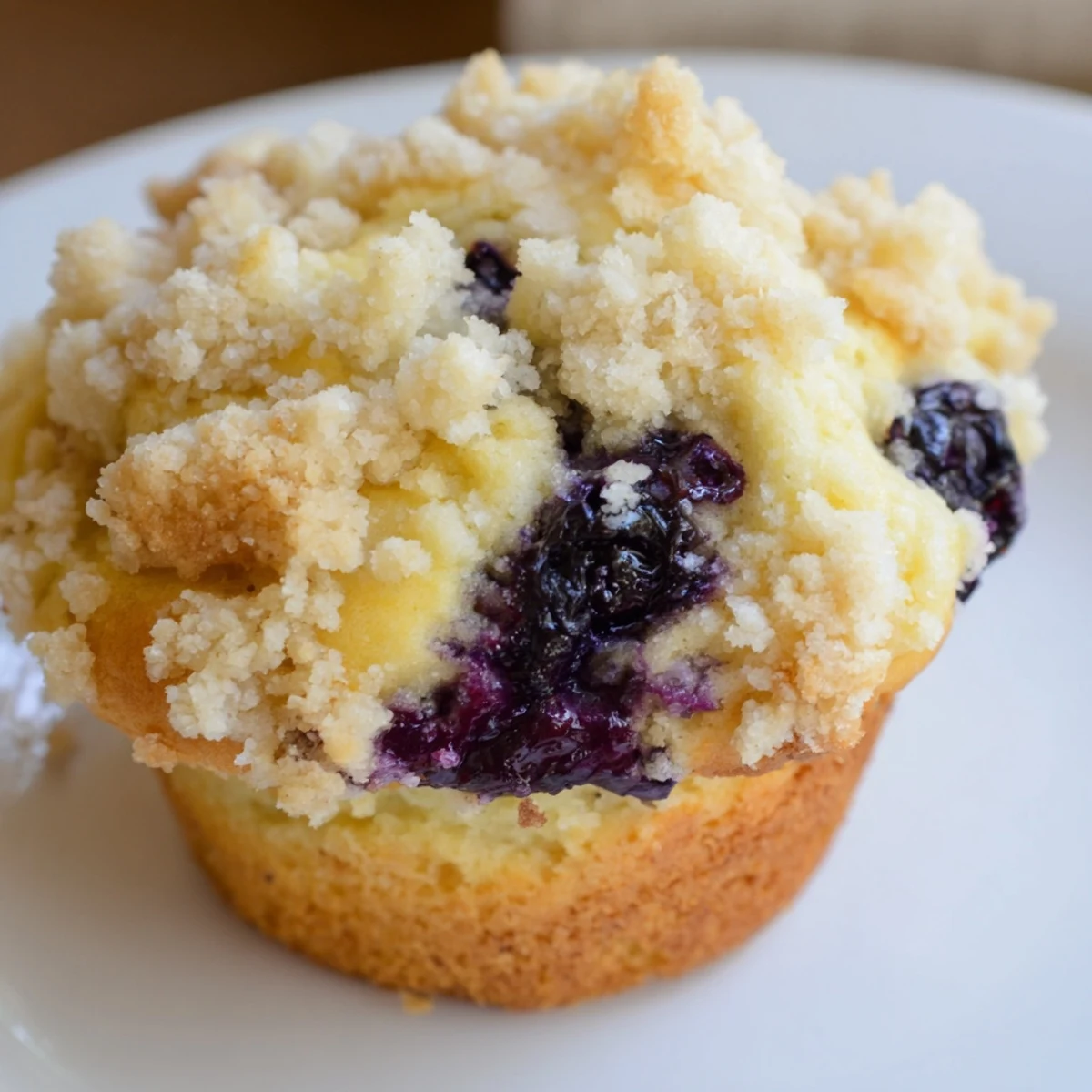 Freshly baked Lemon Blueberry Muffins with Streusel cooling on a wire rack, showing golden crumb topping and juicy berries.