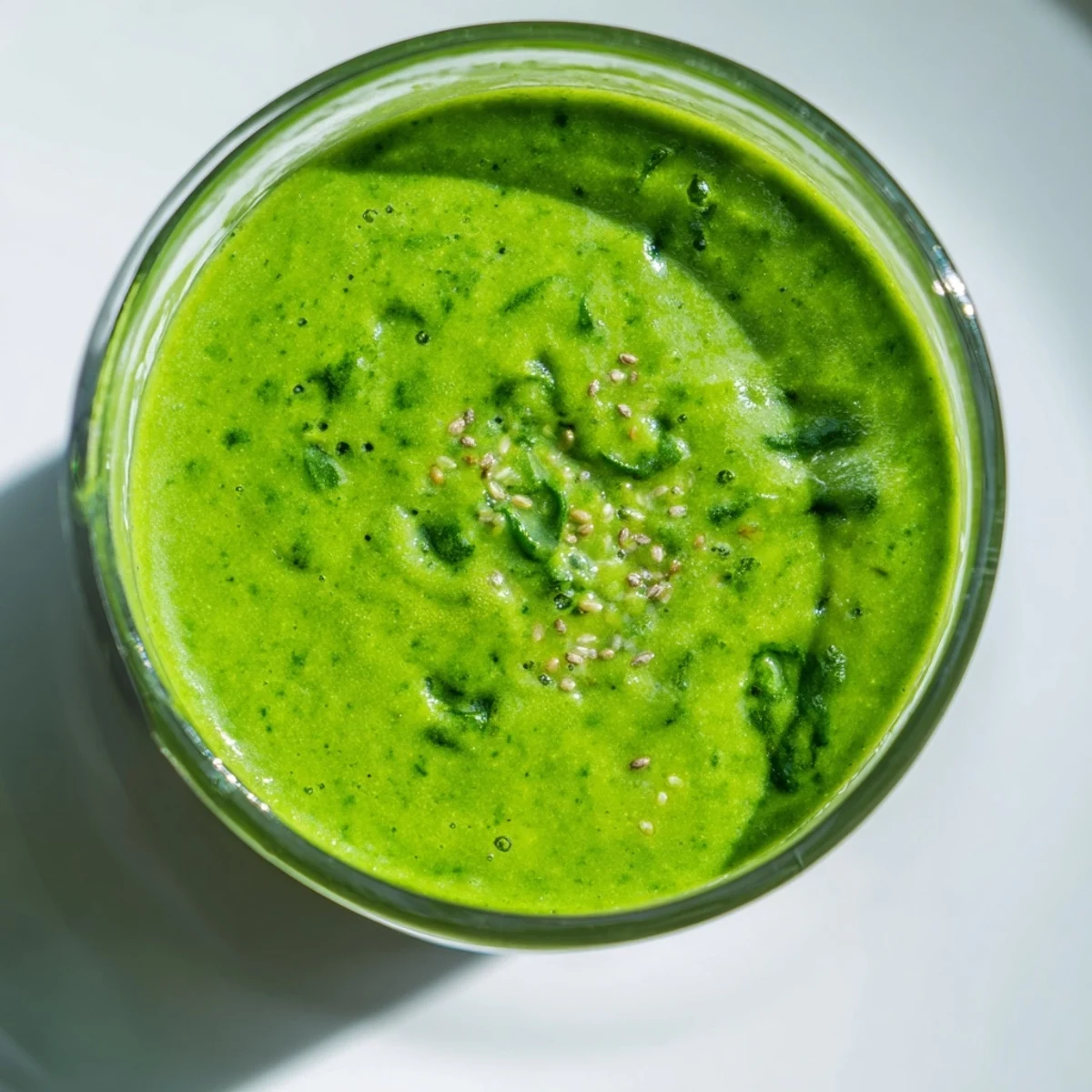 Vibrant Green Smoothie with Spinach and Apple layered tall glass with ice cubes beside fresh apple slices and spinach leaves on marble counter.