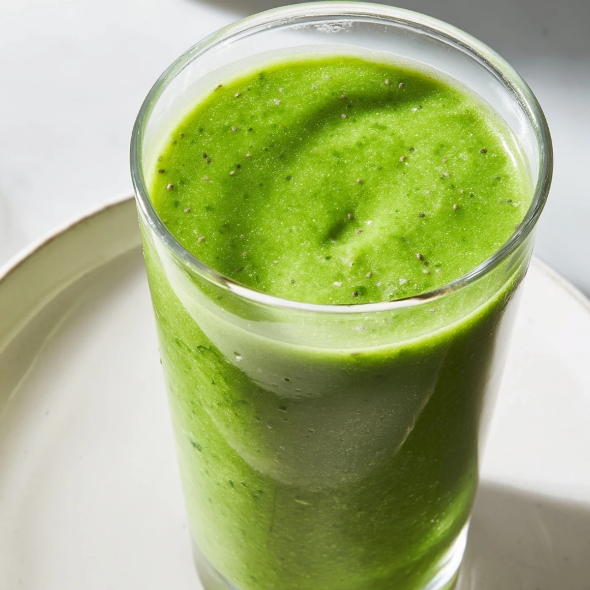 Ready to drink Green Smoothie with Spinach and Apple in mason jar garnished with banana slices and spinach on bright kitchen counter near blender.