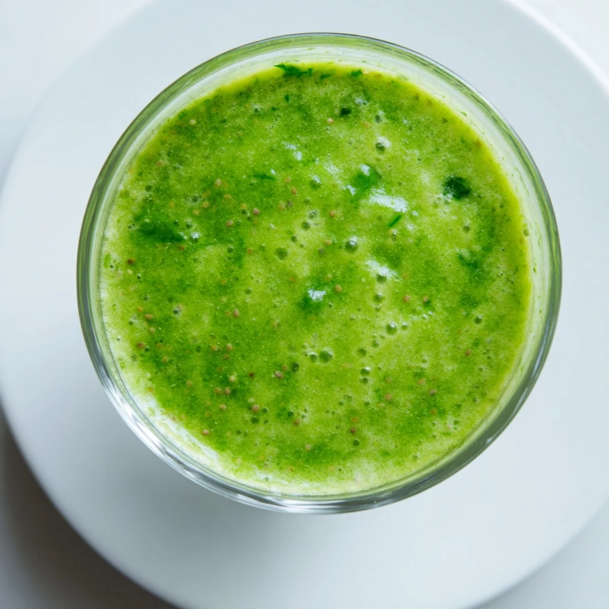Homemade Green Smoothie with Spinach and Apple poured into clear jar topped with chia seeds beside sliced apple and lemon on wooden board.
