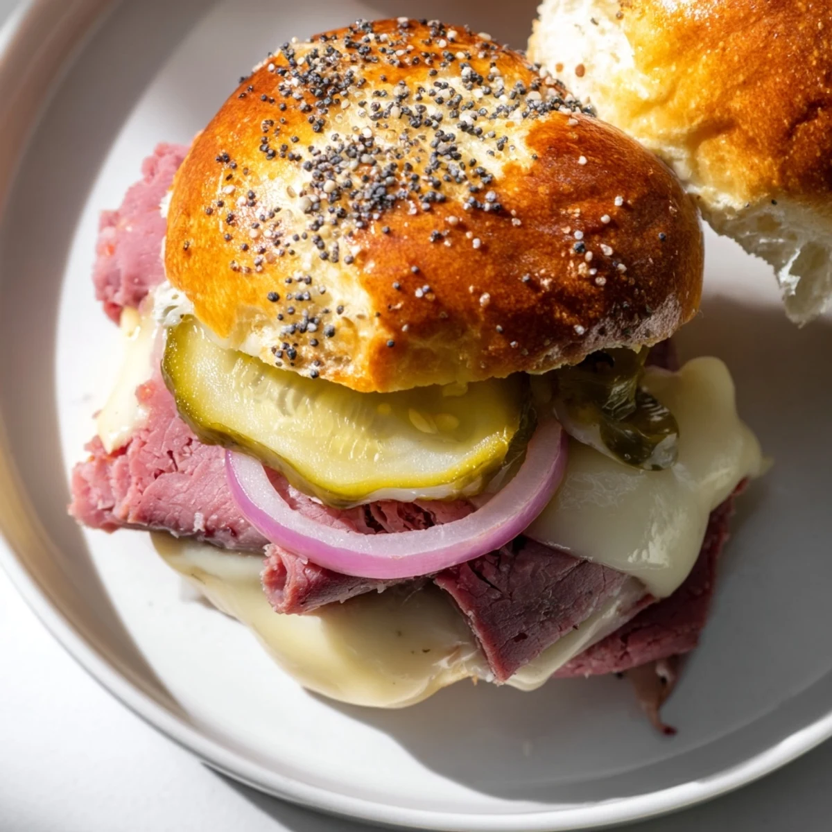 A close-up of Corned Beef Sliders with Cheese features toasted buns and melty cheese layers.