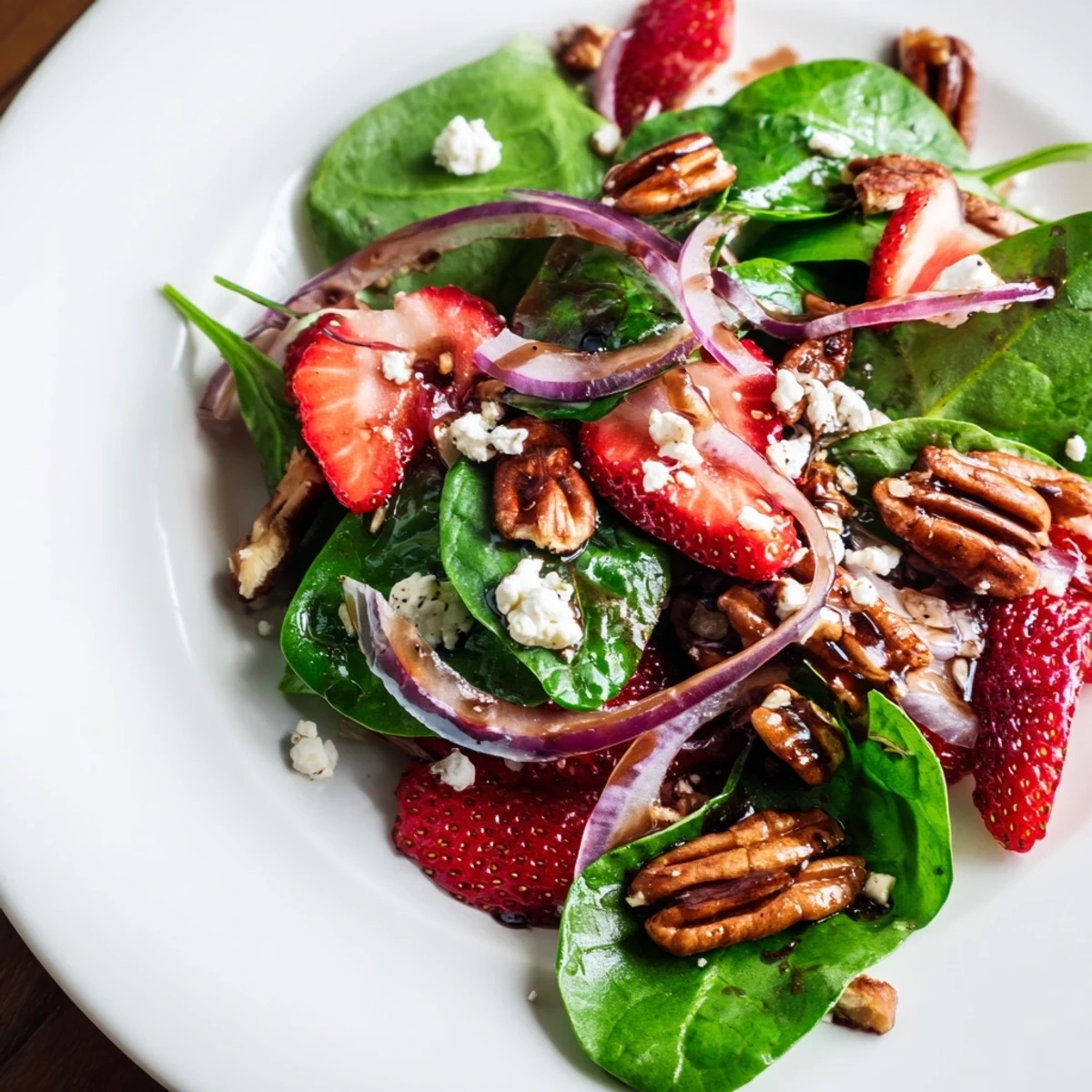 A close-up of Strawberry Spinach Salad with Pecans in a white ceramic bowl, with sliced red onion and balsamic vinaigrette glistening on fresh baby spinach leaves.  