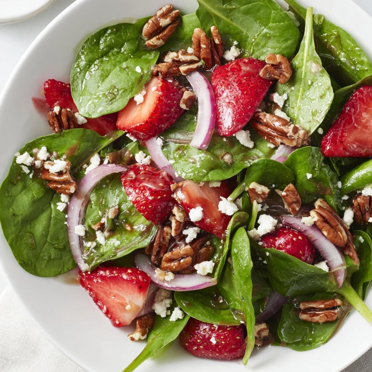 Strawberry Spinach Salad with Pecans served on a rustic wooden table, topped with crumbled feta cheese and a drizzle of tangy balsamic vinaigrette.  