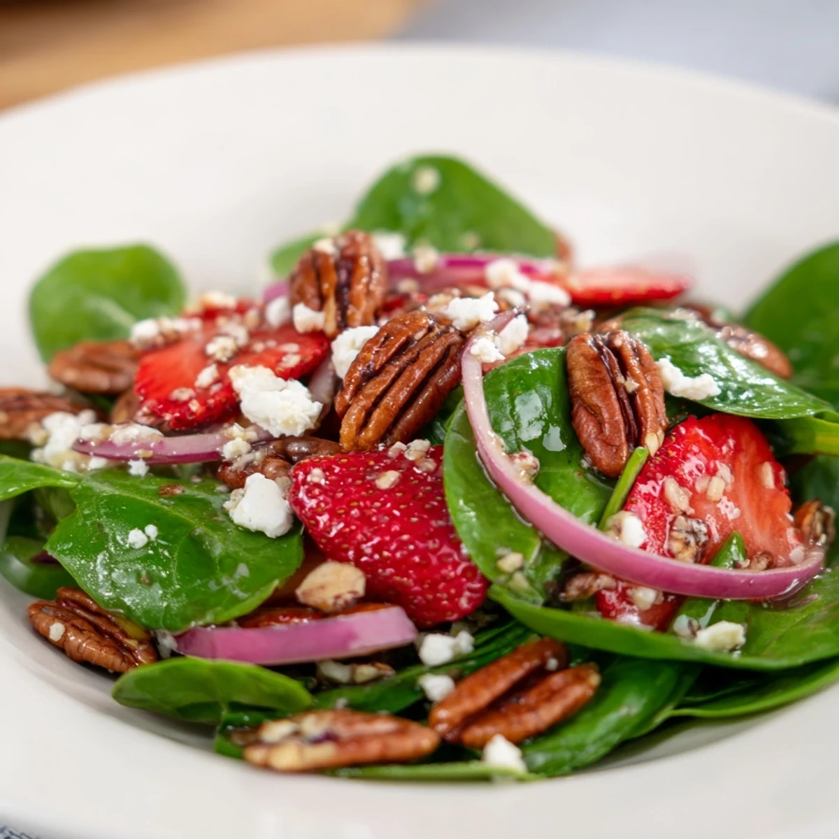 Bright and colorful Strawberry Spinach Salad with Pecans, featuring fresh strawberries and toasted pecans mixed with baby spinach, ready to serve.
