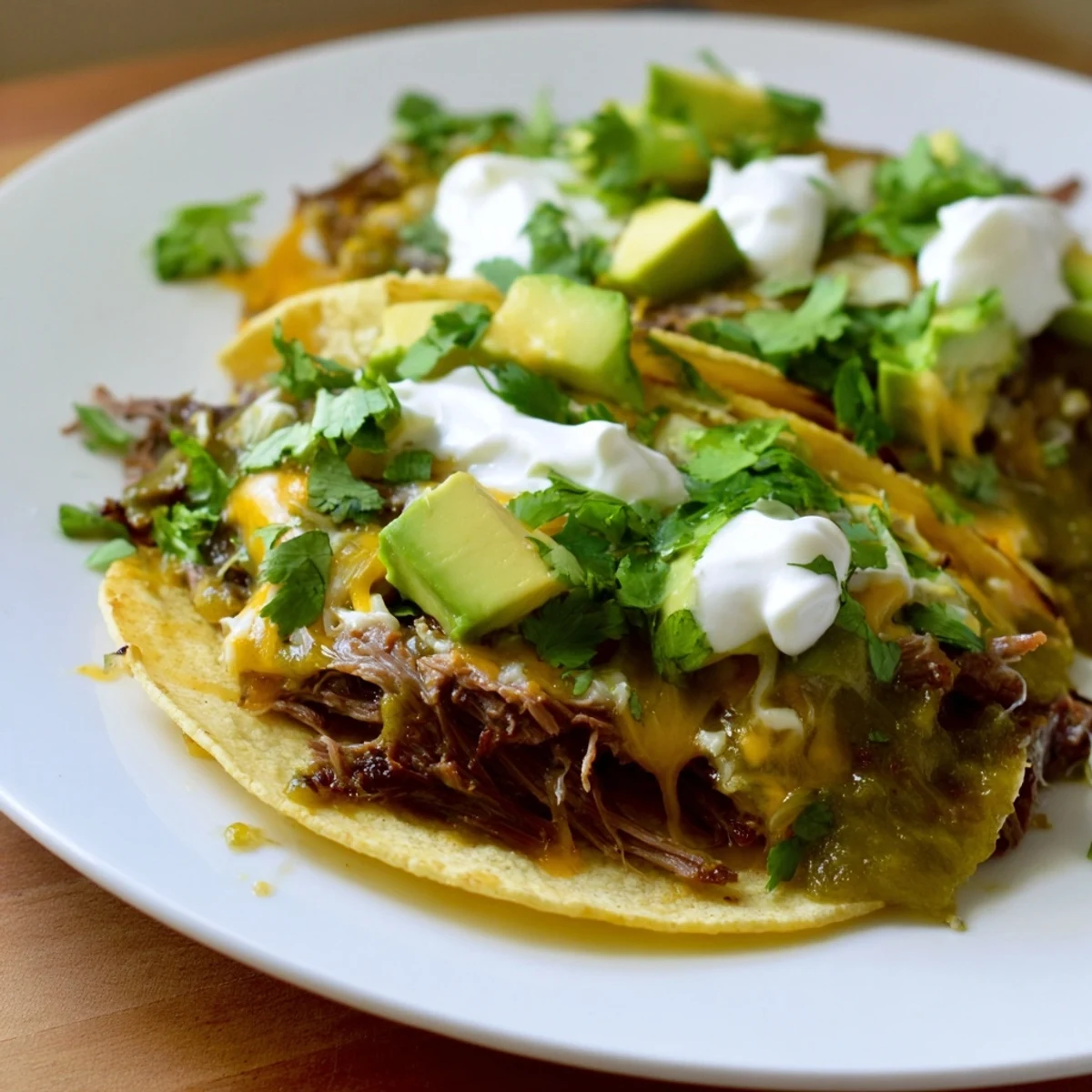Golden Beef Enchiladas with Green Sauce served with sour cream and diced avocado.
