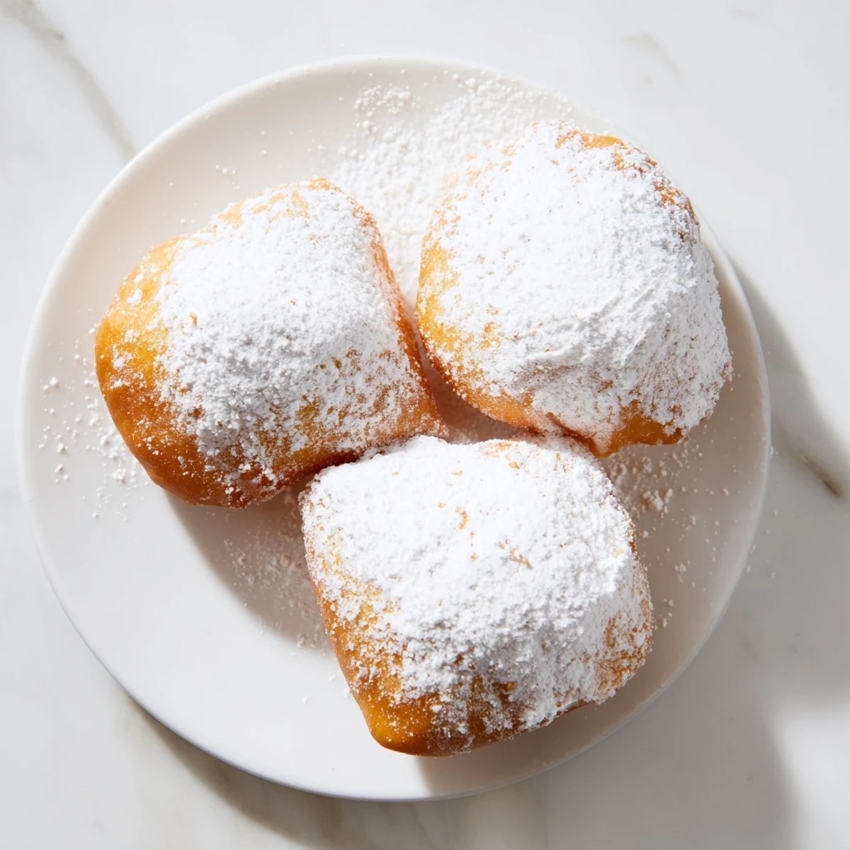 Golden Mardi Gras Beignets covered in snowy powdered sugar, fresh from the hot oil.