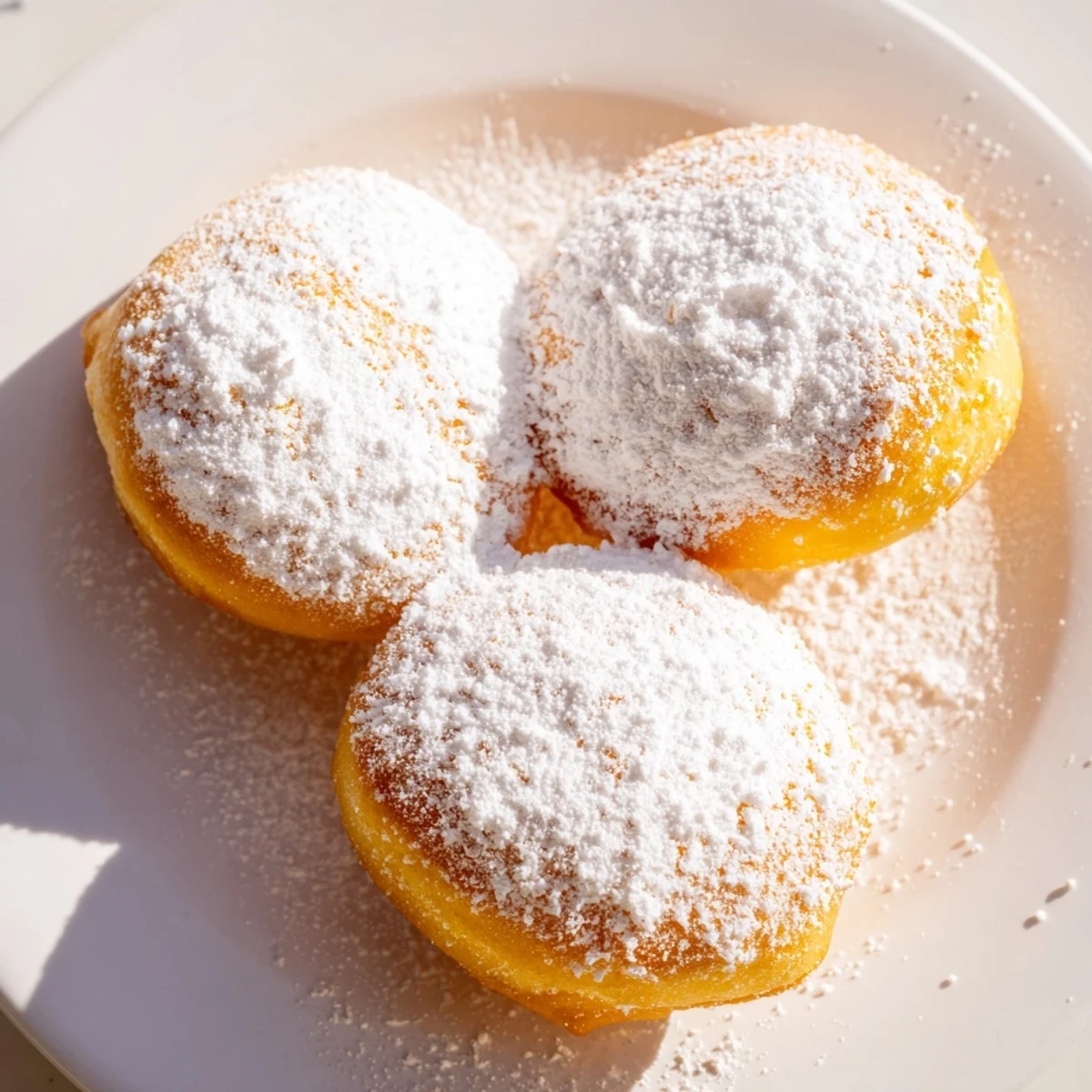 A close-up of fluffy Mardi Gras Beignets, ready to be served with café au lait.