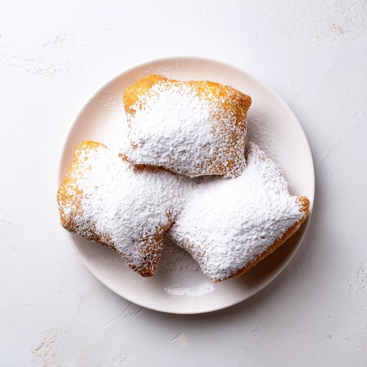 Stack of warm Mardi Gras Beignets dusted with sweet powdered sugar on a festive plate.