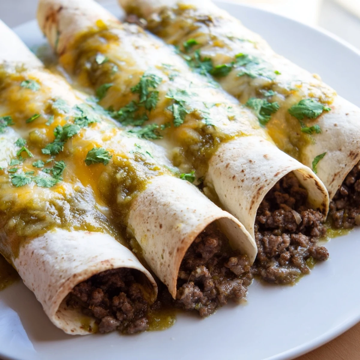 A close-up of Beef Enchiladas with Green Chili Sauce, showing melted cheese over rolled tortillas filled with savory beef, served on a ceramic platter.