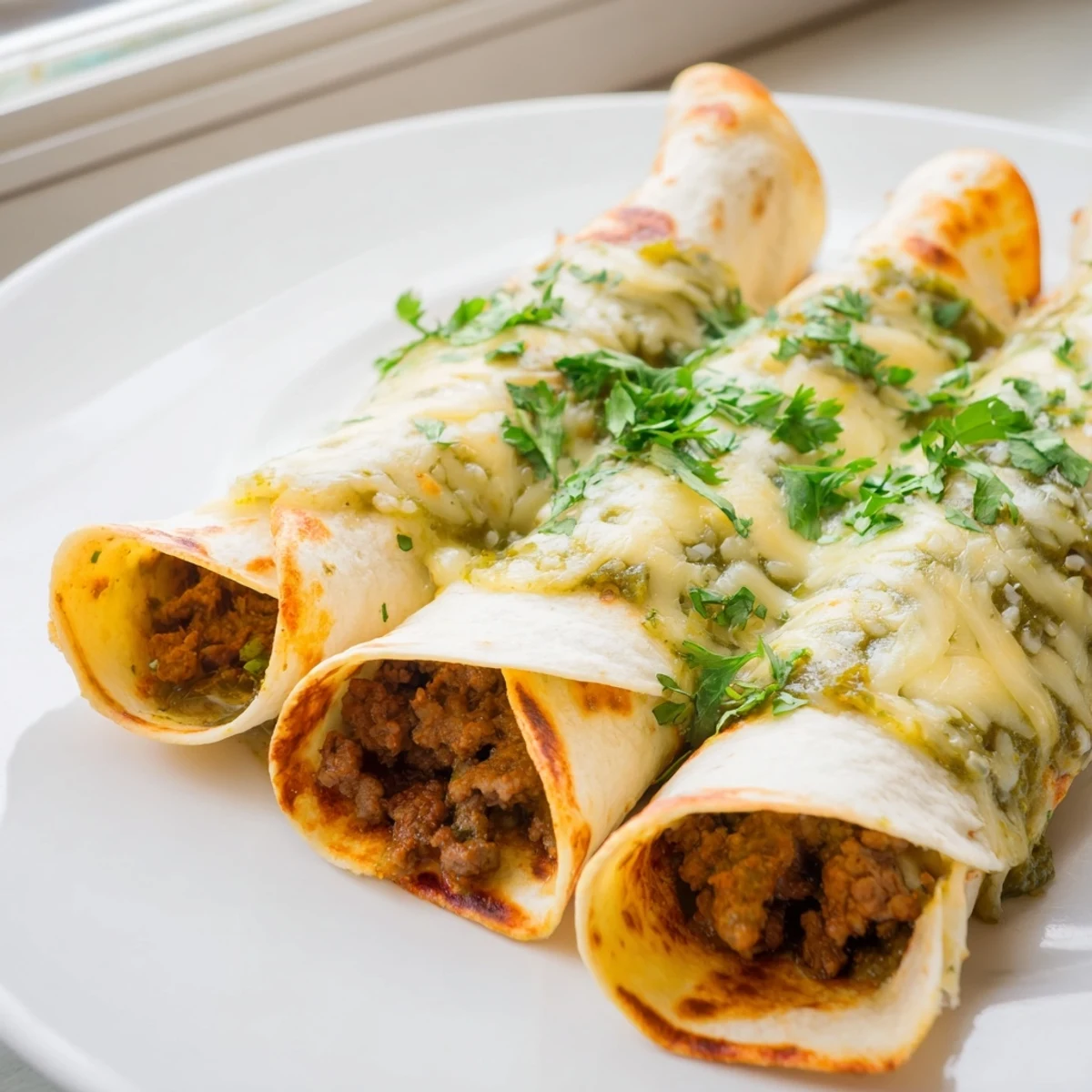 The image displays Beef Enchiladas with Green Chili Sauce, smothered in tangy green sauce and melted cheese, ready to be served for a hearty Tex-Mex dinner.