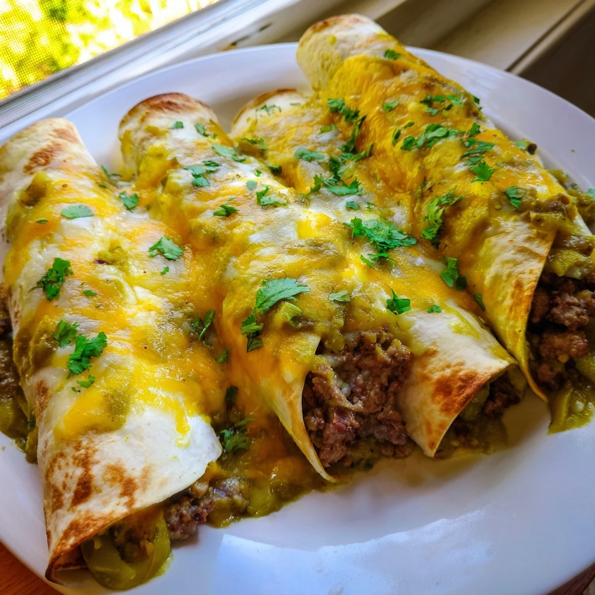 Beef Enchiladas with Green Chili Sauce are baked until bubbly, topped with fresh cilantro and a side of sour cream on a rustic wooden table.