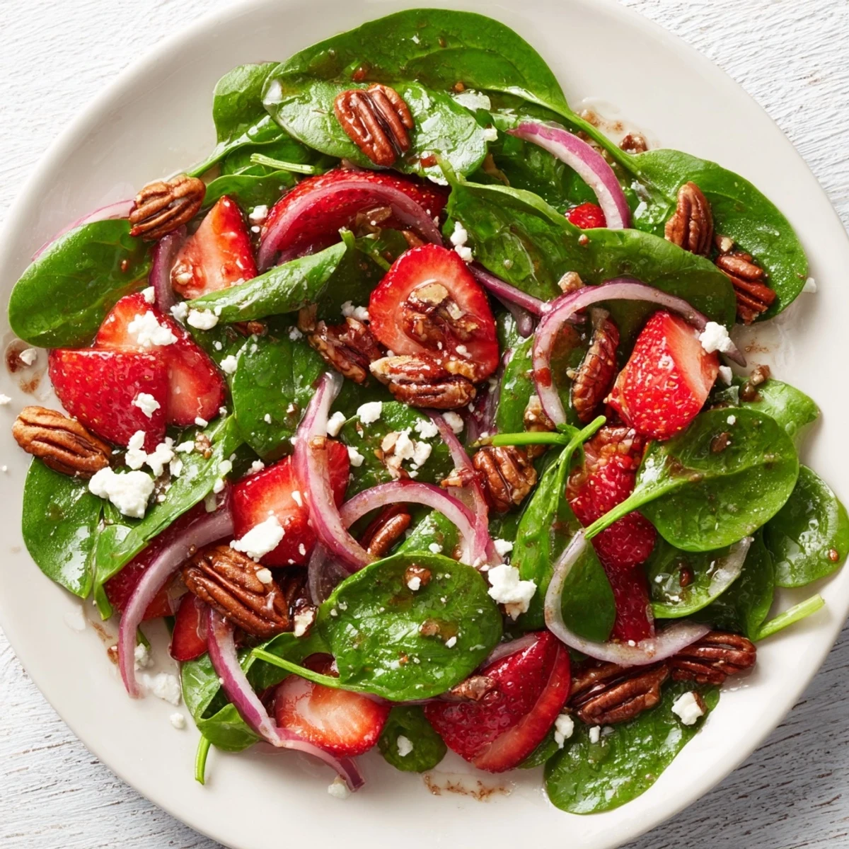 Bright, fresh strawberry spinach salad with pecans tossed in tangy balsamic vinaigrette, served in a white bowl.