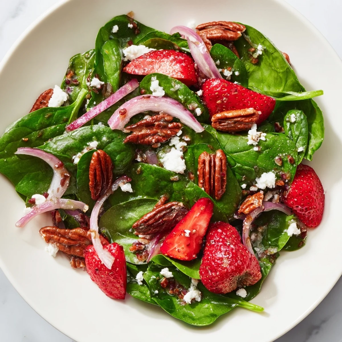 A colorful side dish featuring sweet strawberries, crisp spinach, and crunchy toasted pecans over a creamy feta.