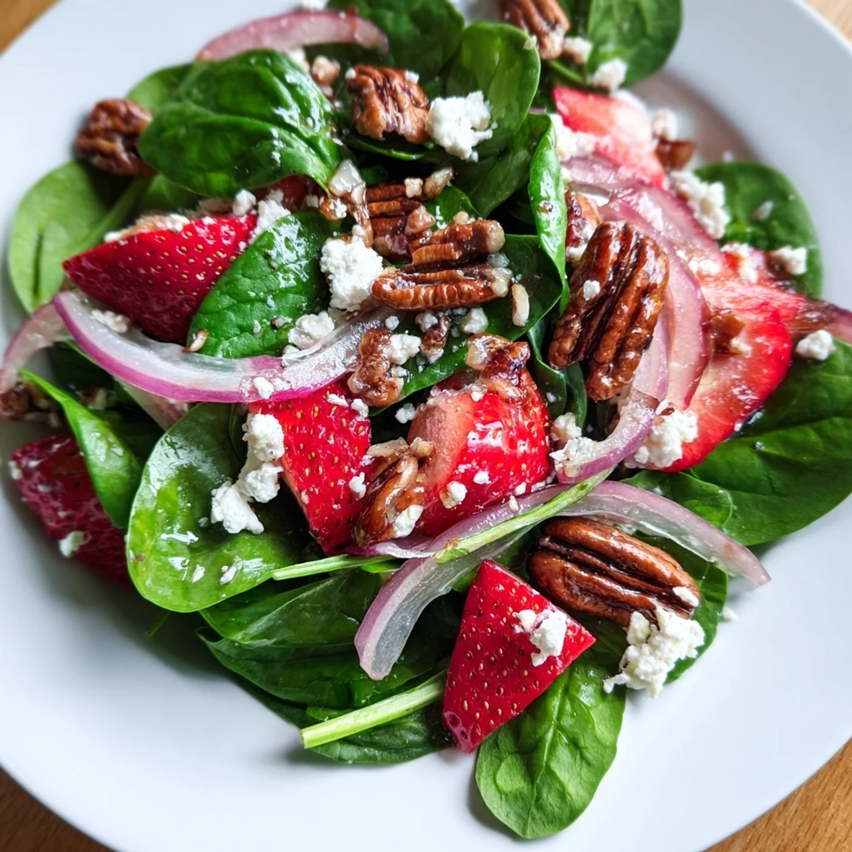 Easy homemade strawberry spinach salad with pecans arranged beautifully, perfect for a light lunch or summer picnic.