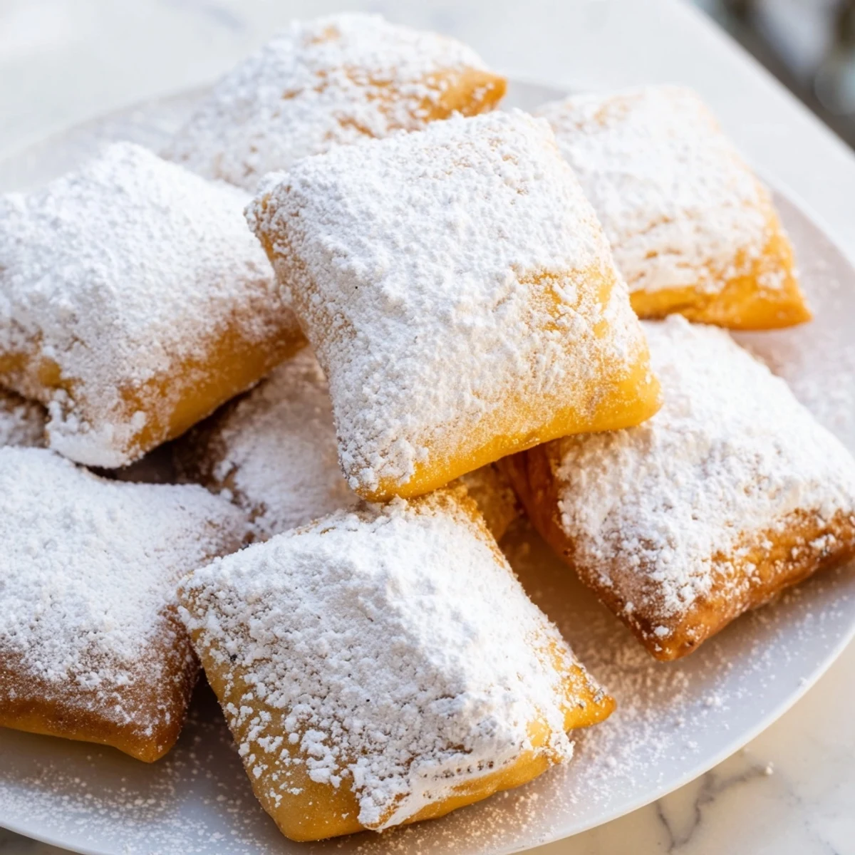 Golden Mardi Gras beignets, dusted with powdered sugar, served warm on a festive plate.