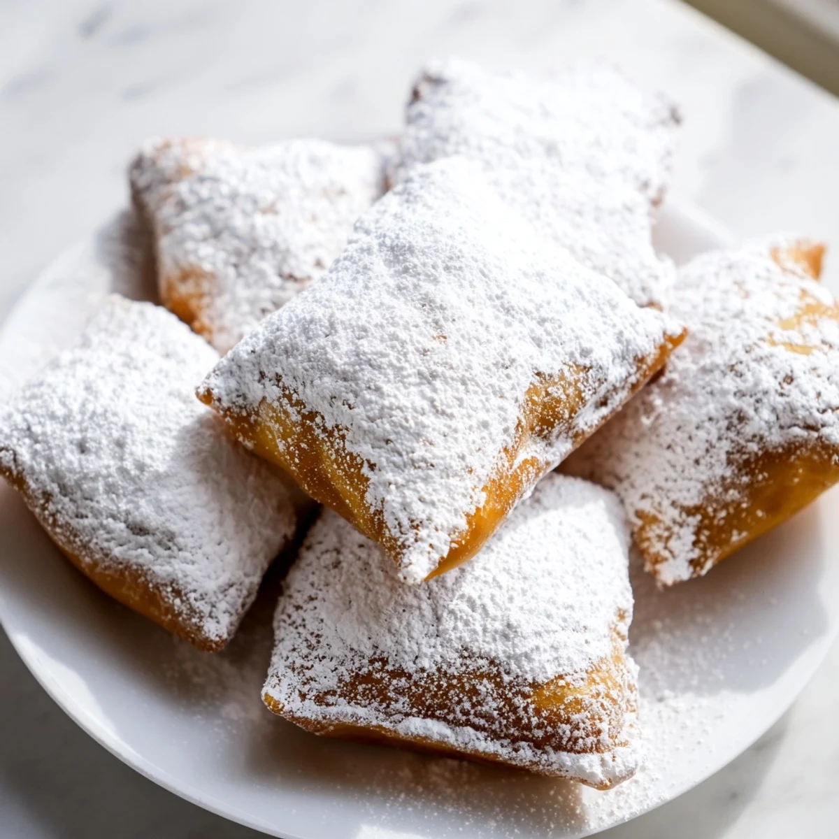 Freshly fried Mardi Gras beignets, light and fluffy, with powdered sugar melting on top.