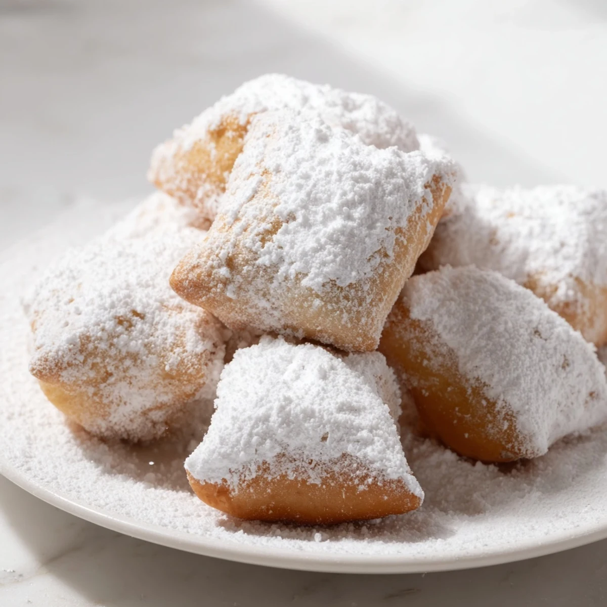 Warm Mardi Gras beignets stacked high, generously coated in powdered sugar beside a café au lait.
