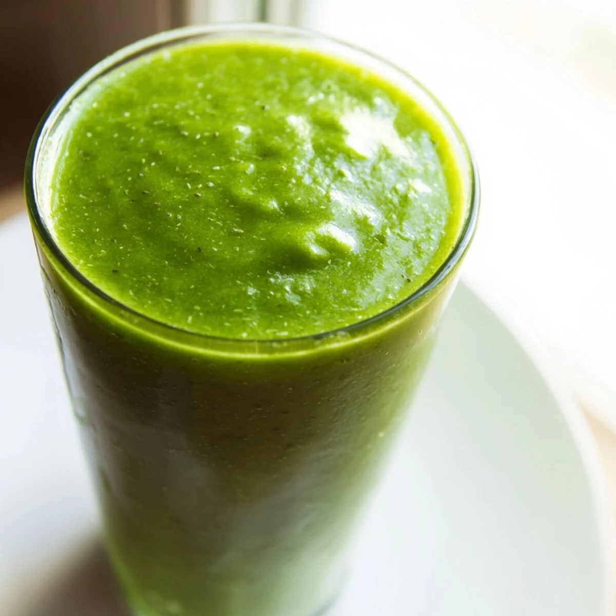 A tall glass of Green Smoothie with Spinach and Apple filled with vibrant green liquid and topped with ice, garnished with a fresh spinach leaf.