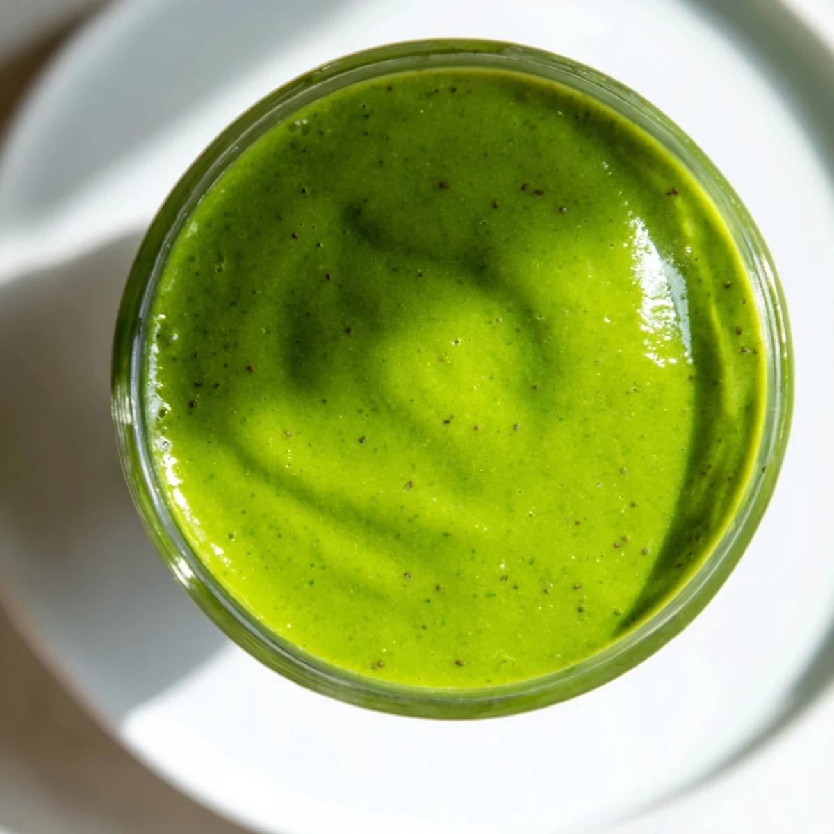 Close-up of Green Smoothie with Spinach and Apple showing creamy texture, a sliced apple on the side, and a straw ready to sip.