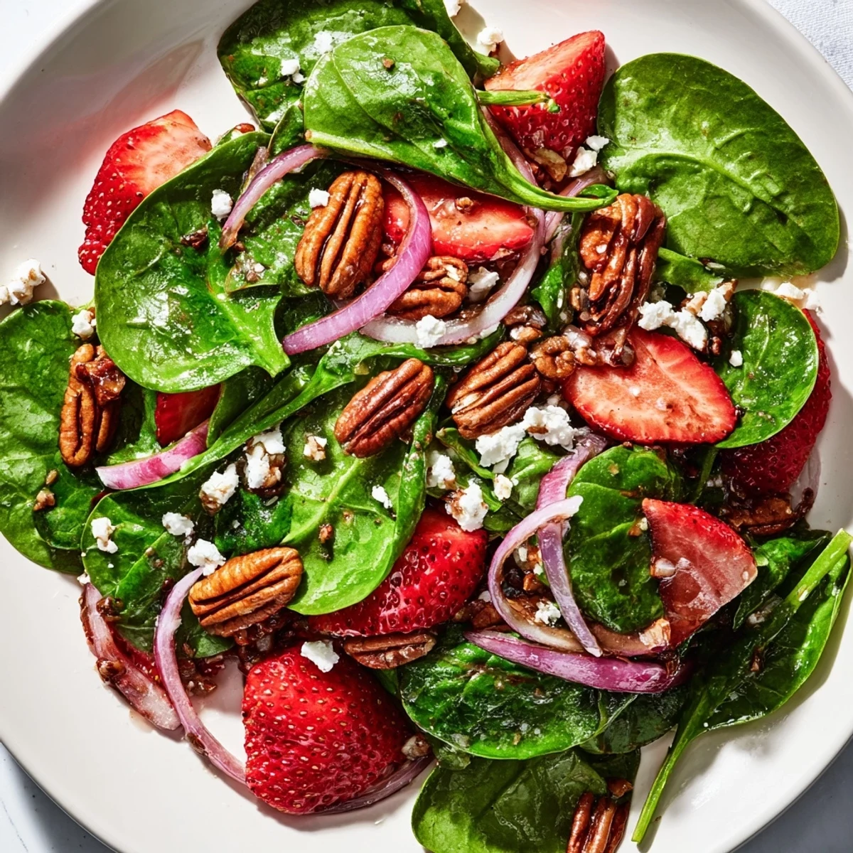 A close-up of Strawberry Spinach Salad with Pecans topped with feta and red onion slices  
