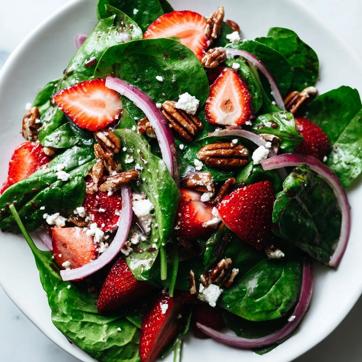 Light lunch serving of Strawberry Spinach Salad with Pecans drizzled in tangy balsamic vinaigrette