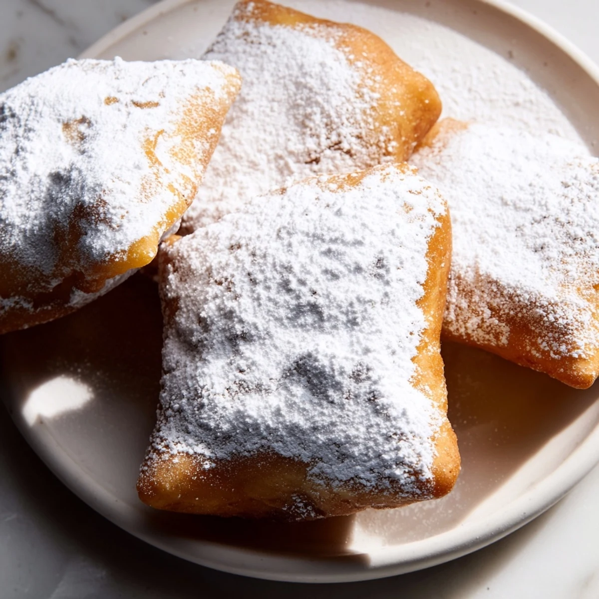 Golden-brown Mardi Gras Beignets with Powdered Sugar piled high on a plate with extra powdered sugar on top. 