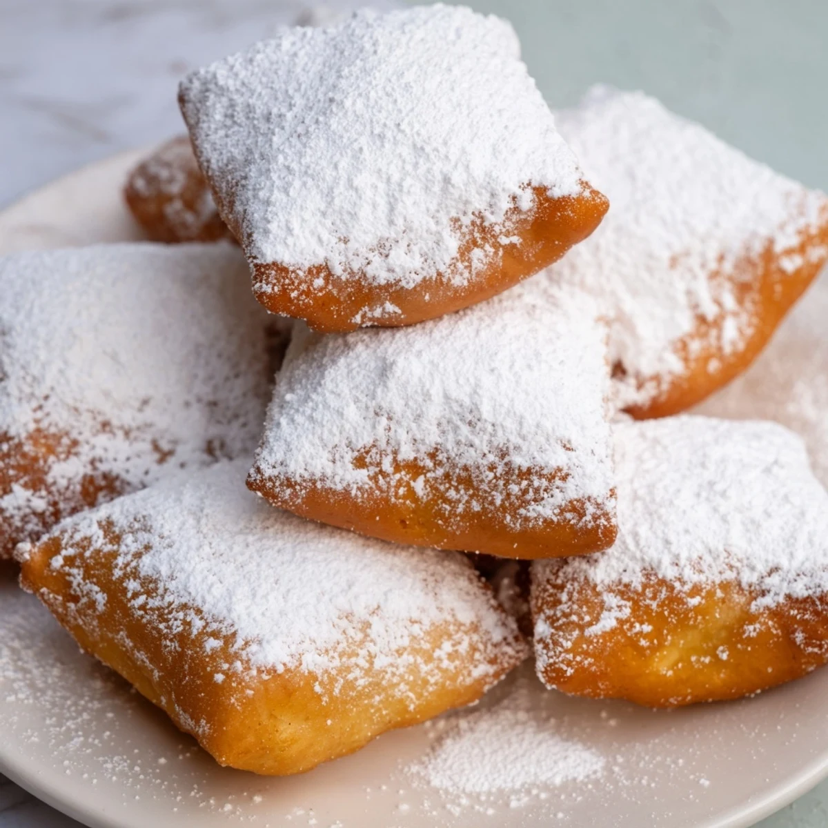 Freshly fried Mardi Gras Beignets with Powdered Sugar dusted heavily, shown on a rustic wooden table. 